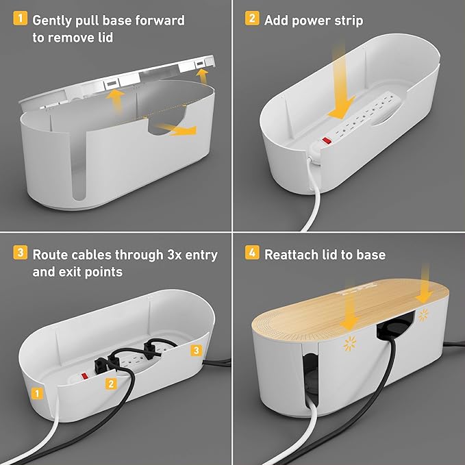 D-Line Cable Management Box, Power Strip Holder, Floor Outlet Hiders, Desk Cord Organizer, Cover TV Wires, Wire Storage, Extension Hider, Office Concealer for Cords - Small, Wood-Effect Lid