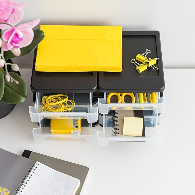 IRIS USA Small 3-Drawer Desktop Organizer, 4 Pack, Stackable, for Office, School, Stationary, Makeup Organizer, Bathroom, Utility, Medical Supplies, Desk Organizer, Versatile Storage, Black
