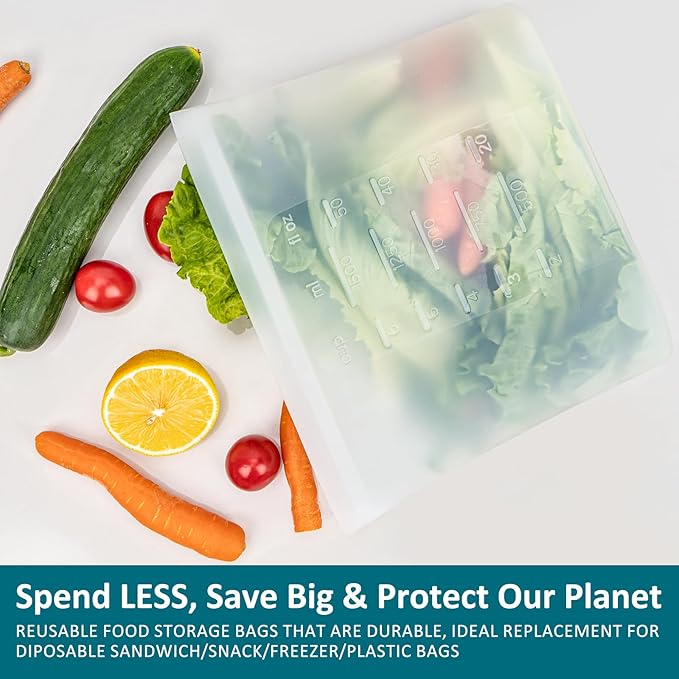 8-Pack Reusable Silicone Food Storage Bags, 100% Silicone Stand-Up Wide-Open Zip-Lock Reusable Storage Bags for Food, Freezer Microwave Oven Dishwasher Safe, Translucent, 4L 2M 2S