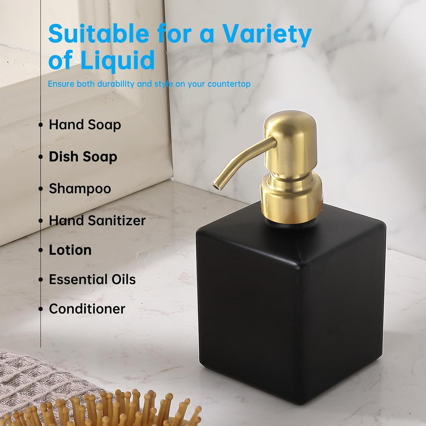 Square Bathroom Soap Dispenser Black and Gold, 8.4 oz Glass Bottles with Stainless Steel Pump Retangle Cube Liquid Soap Dispenser Hand Kitchen
