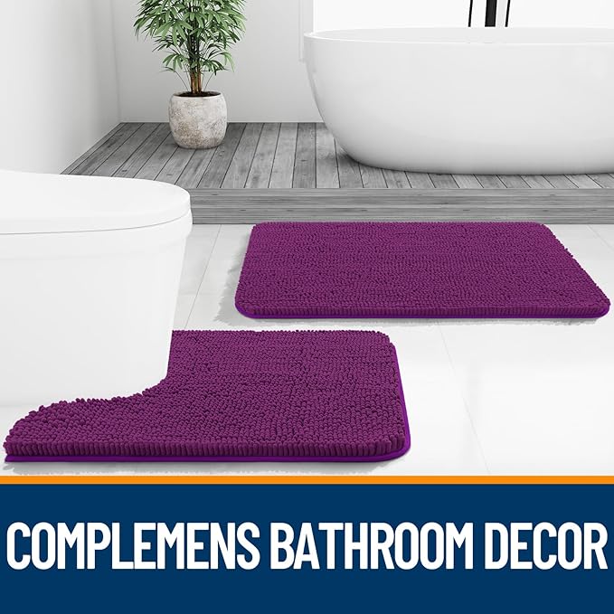 OLANLY Toilet Rugs U-Shaped 24x20, Extra Soft Absorbent Chenille Contour Bathroom Rugs for Toilet, Dry Quickly, Machine Washable, Non-Slip Bath Mat, Purple
