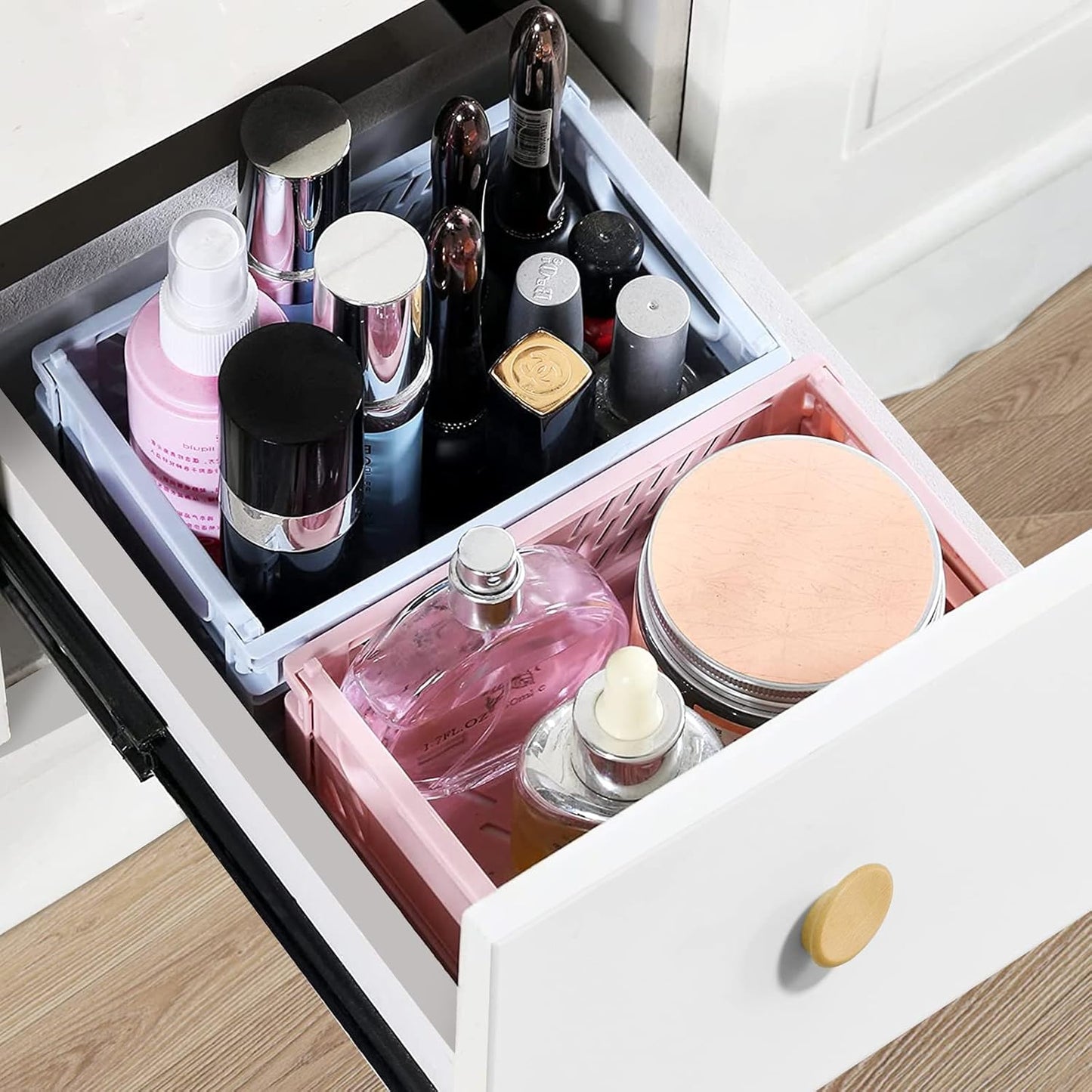 Plastic Baskets for Desk Organizing, Drawer Organizer, 2 Medium+2 Small Durable Folding Storage Crate for Home Kitchen Classroom Office Bedroom and Bathroom (Pink)