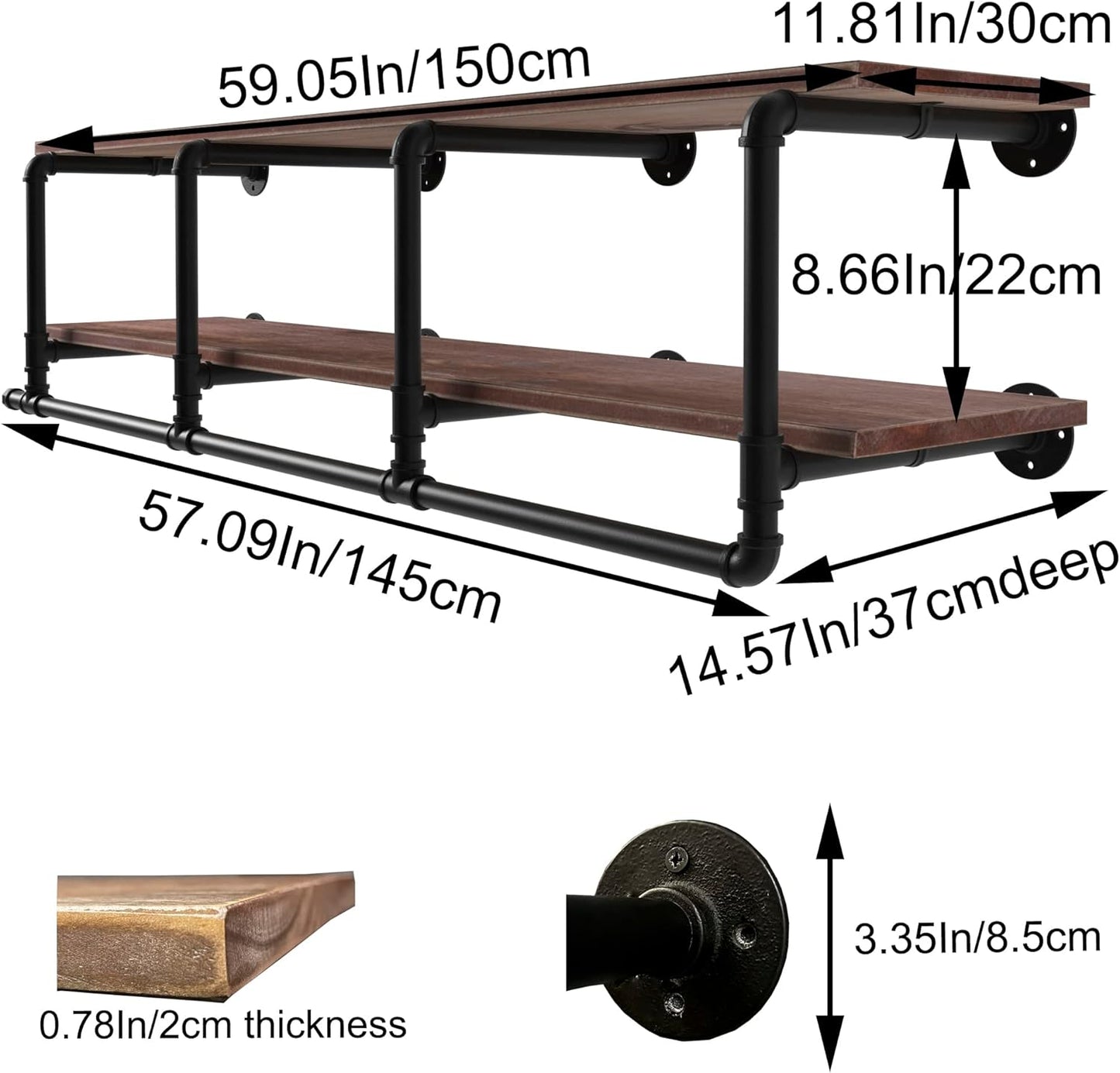 60In Industrial Pipe Clothing Rack with Top Shelf, Space-Saving Wall Mounted Clothes Rack 2 Tiers Pipe Shelves, Shelf with Hanging Rod for Laundry Room, Closet Storage