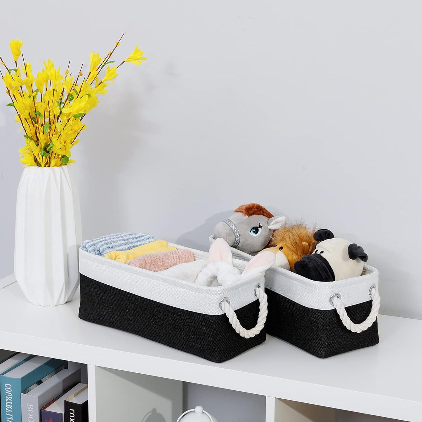 DULLEMELO Toilet Paper Storage Basket, Toilet Paper Basket for Back of Toilet, Bathroom Storage Basket for Cosmetics Towels Toilet Paper, Toilet Tank Basket with Rope Handles for Toilet(White&Black)