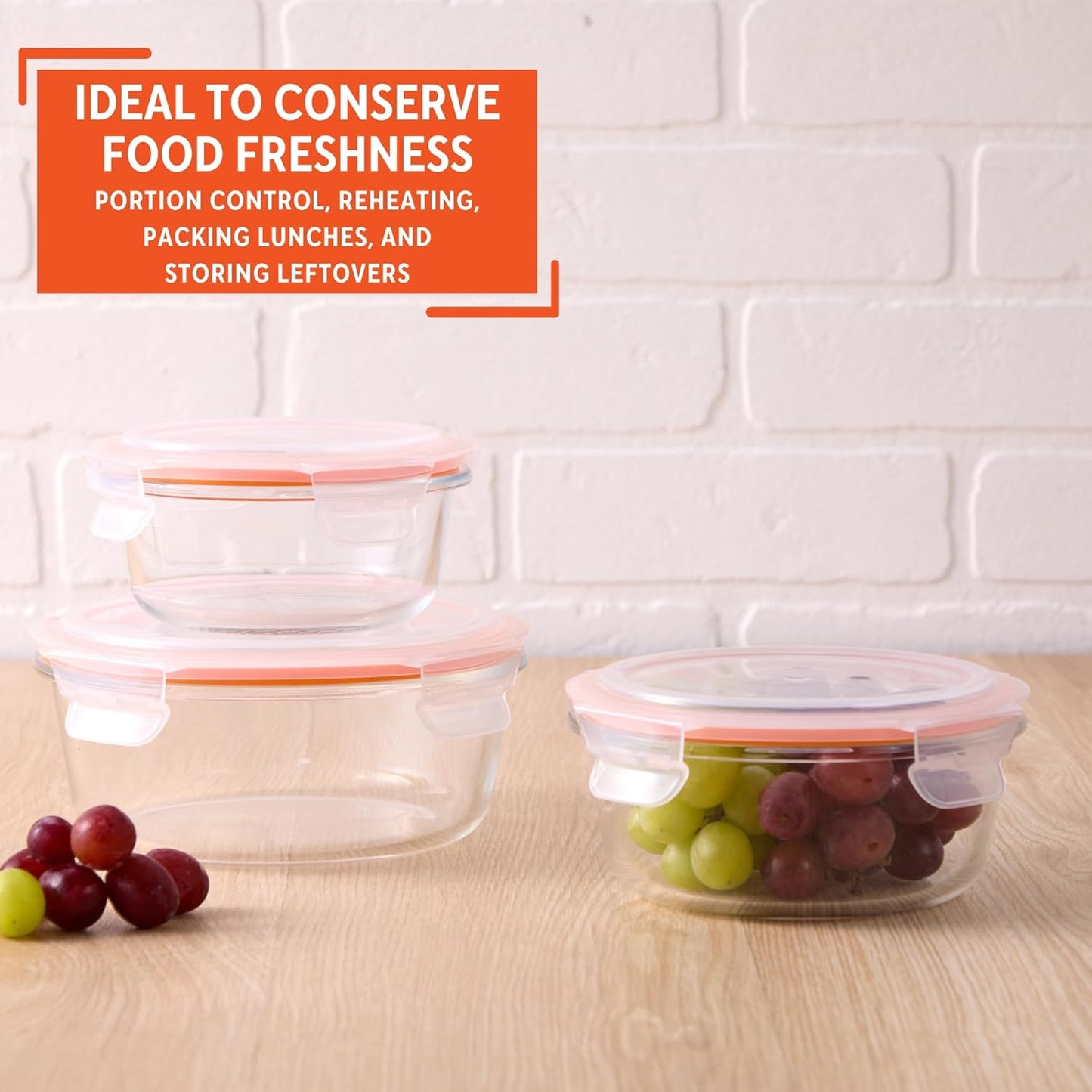 IMUSA Glass Food Storage Containers with Lids 6-Piece Set, Borosilicate Meal Prep Containers with Silicone Seal, Leakproof, Airtight, Freezer, Oven & Microwave Safe