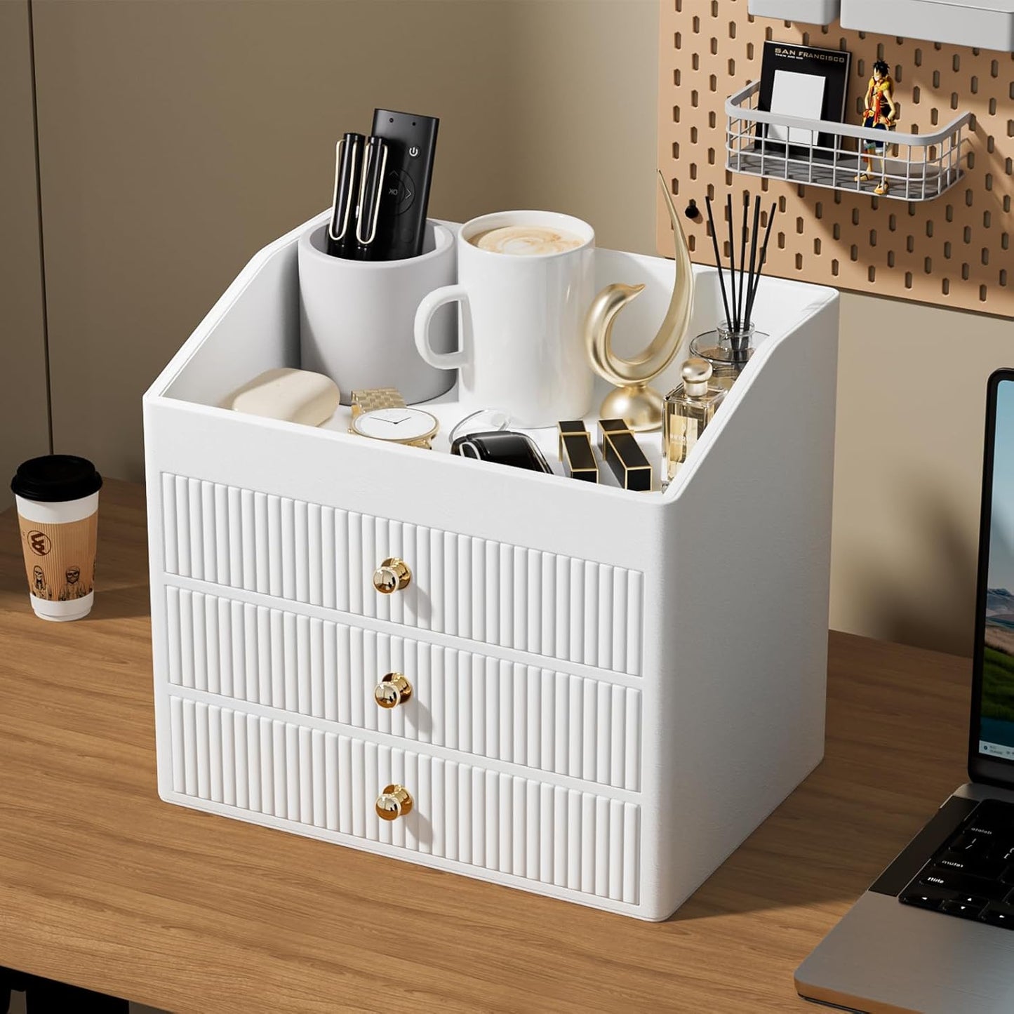 Office Accessories,Begie White Vegan Leather Office Supplies with 3 Drawers & Tray for Desk,Perfume Organizer with Gold-Tone Metal Accents Knob for End Tables,Bedside Table,Bedroom