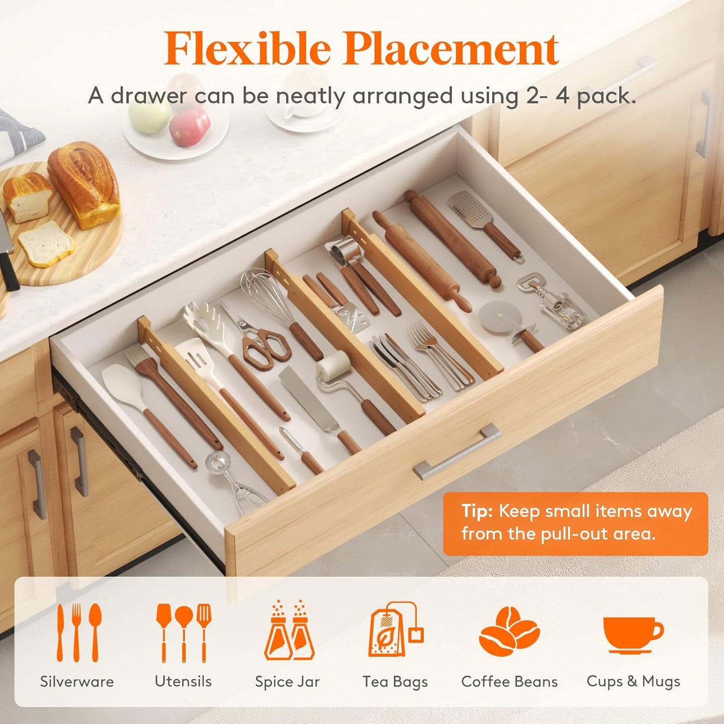 Lifewit 8 Pack Bamboo Drawer Dividers 2.4" High, 17.5-22" Kitchen Drawer Organizers, Adjustable Wooden Drawer Dividers for Clothes, Expandable Drawer Separators for Dresser, Bedroom, Bathroom, Cabinet