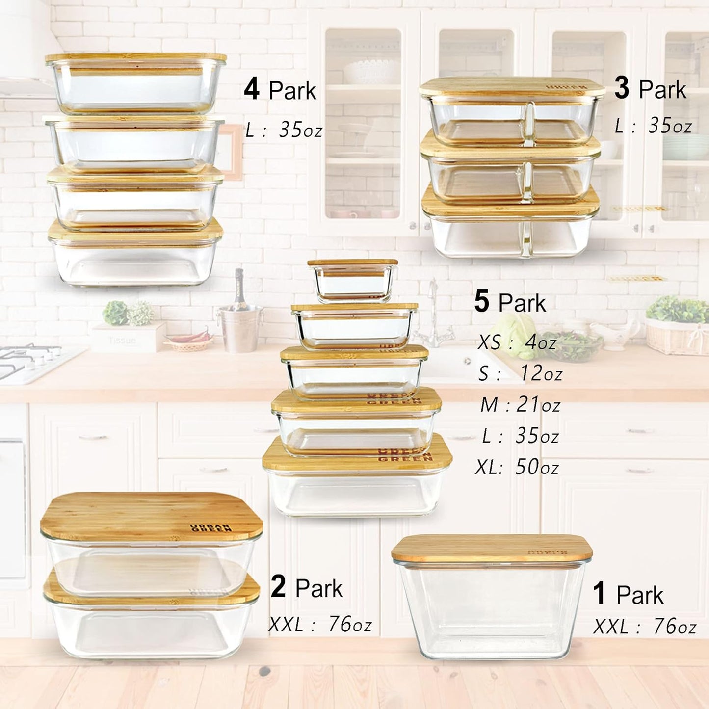 Urban Green Glass Containers with Bamboo Lids, Bamboo Meal Prep Storage Containers with Lids, Oven, Freezer, Microwave Safe, Pack of 4, 35oz