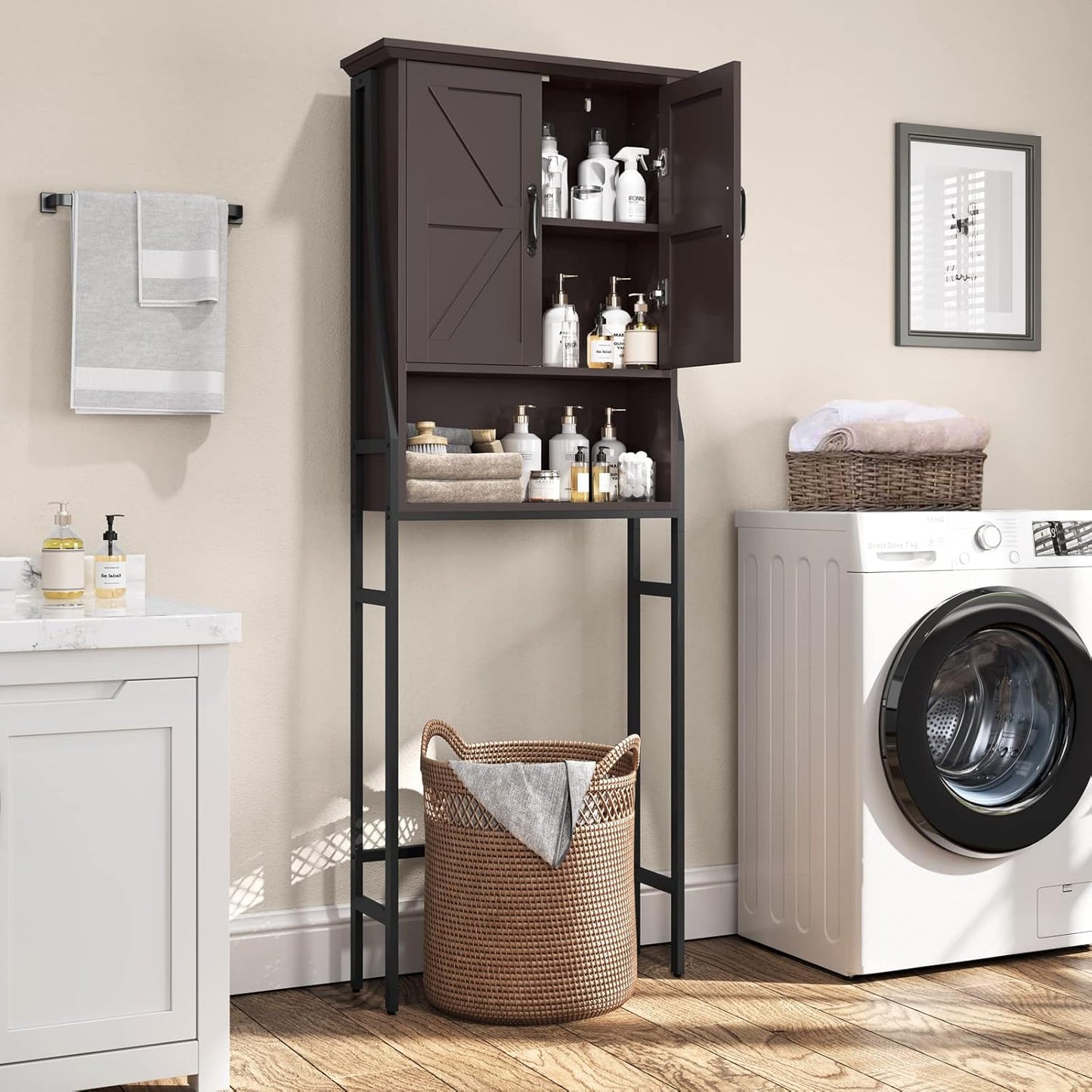 Over The Toilet Rack for Bathroom, Over The Toilet Storage Cabinet, Over Toilet Bathroom Organizer with Double Barn Doors Space Saver Rack Above Toilet Storage Cabinet (Espresso)