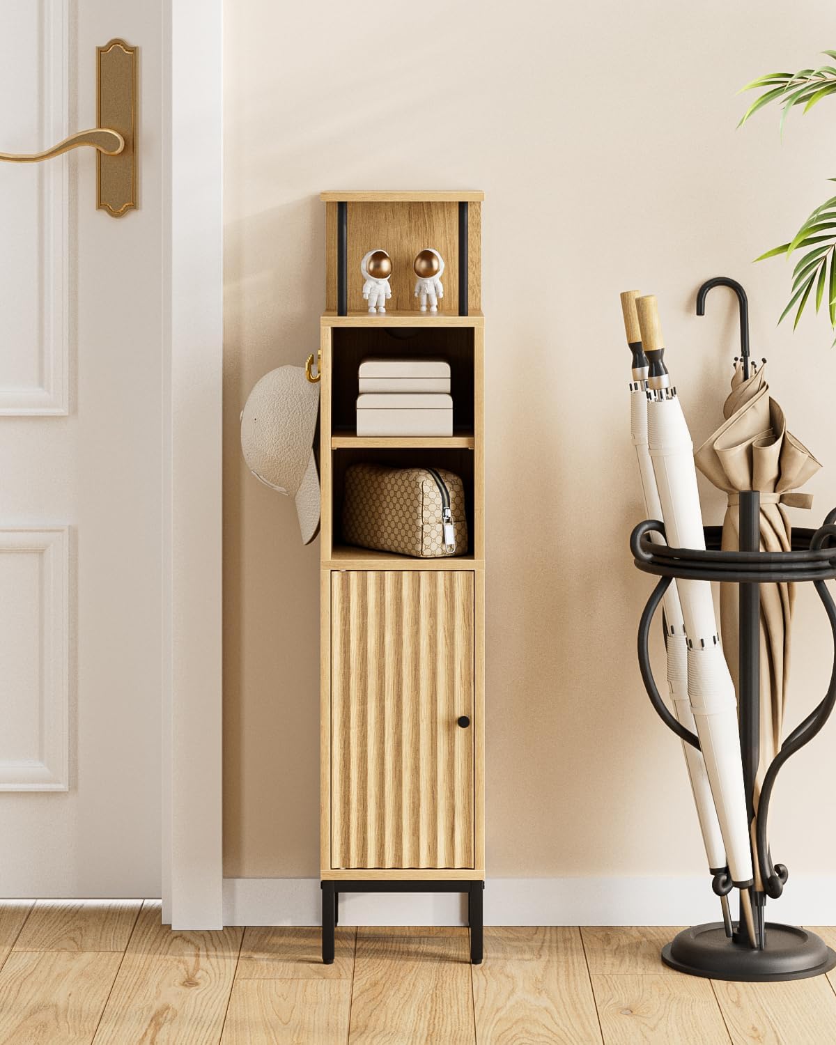 Bathroom Storage Cabinet,Small Corner Floor Cabinet with 2 Hook,Narrow Tall Toilet Paper Cabinet with Adjustable Shelves,Bathroom Organizer for Living Room,Small Spaces (Wave, Oak-37''H)