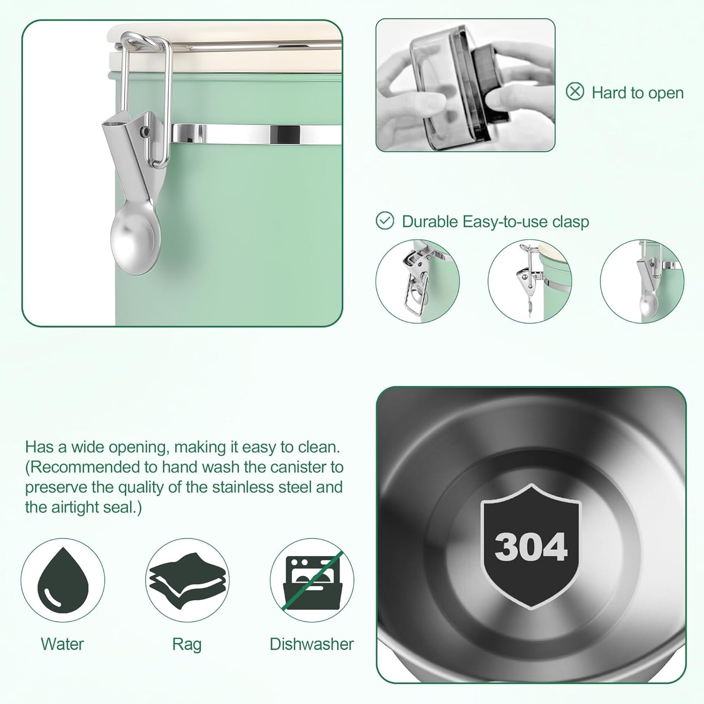 ShanSon Coffee Canister Airtight Coffee Container Stainless Steel Coffee Bean Storage Container with Scoop Coffee Canister for Beans Grounds Sugar Flour Tea Cereal,11OZ,Green