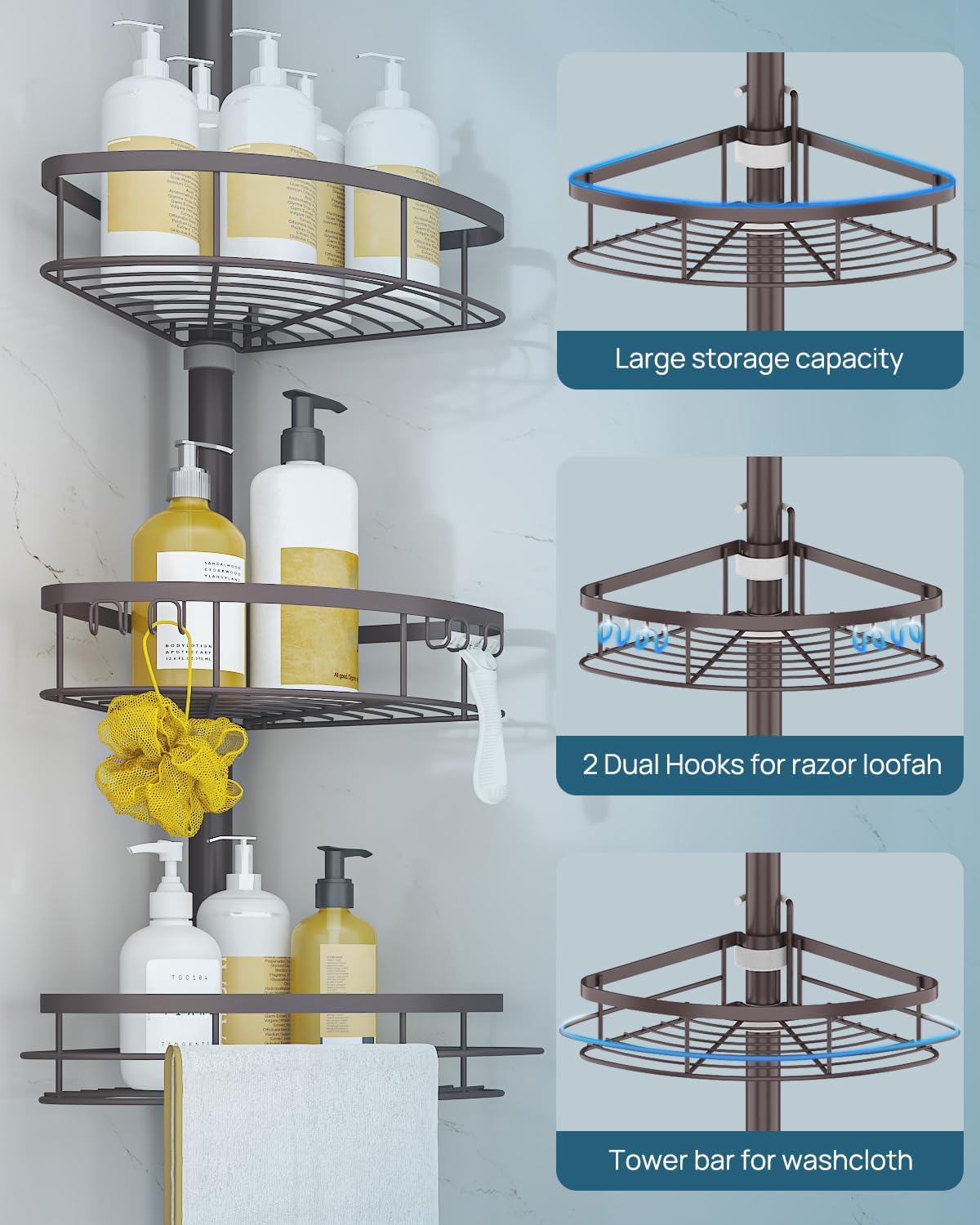 SEIRIONE Rustproof Shower Corner Caddy Organizer for Bathroom,Tension Pole with 4 Baskets, for Bathtub Storage Rack, 34 to 116 Inch Height, Bronze