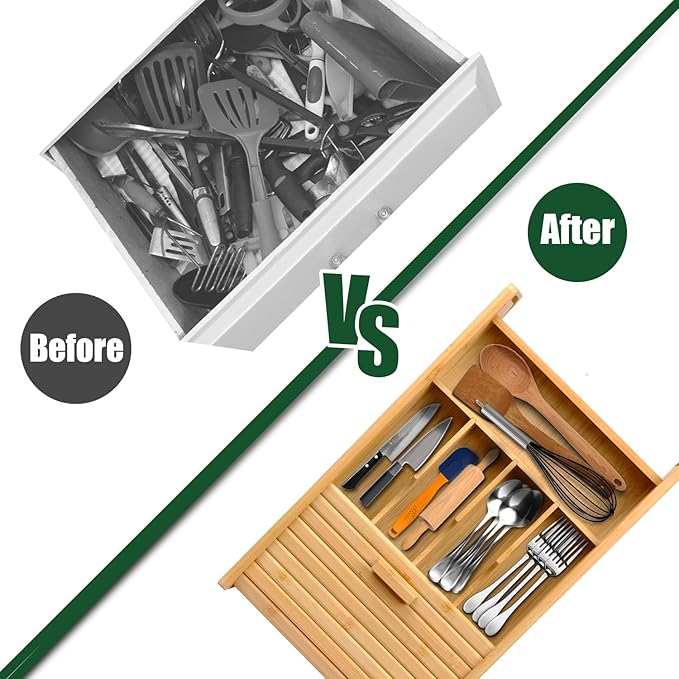 KozyKoala & Co. Bamboo Drawer Organizer with Sliding Lid - 5 Slot Kitchen Drawer Organizer & Utensil Holder - Wood Bamboo Cutlery Tray for Flatware, Gadgets & Multipurpose Storage for Home & Office