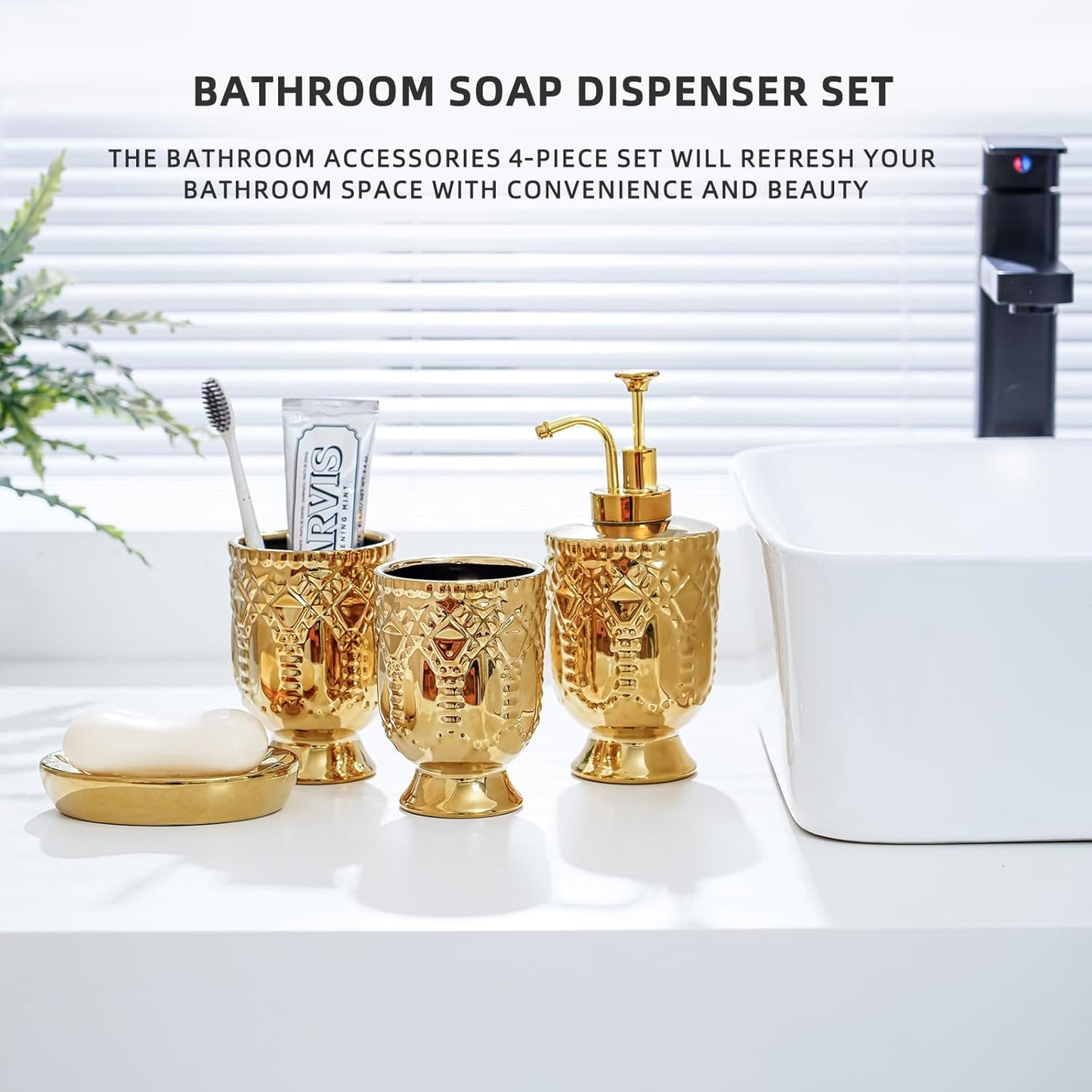 4-Piece Bathroom Accessory Set, Ceramic Bathroom Soap Dispenser Sets, Complete Gold Bath Decor Include Soap Dispenser, Toothbrush Holder, Tumblers,Soap Dish