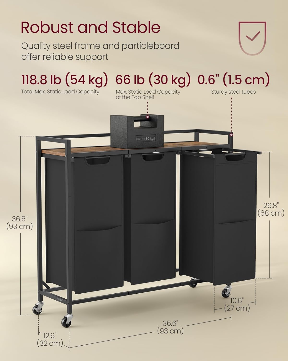 VASAGLE Laundry Sorter, 43.5 Gal. (165 L) Laundry Hamper Basket with 3 Compartments, Rolling Cart with Wheels, Shelf, Removable Bags, Pockets, Ink Black and Rustic Brown UBLH031B01