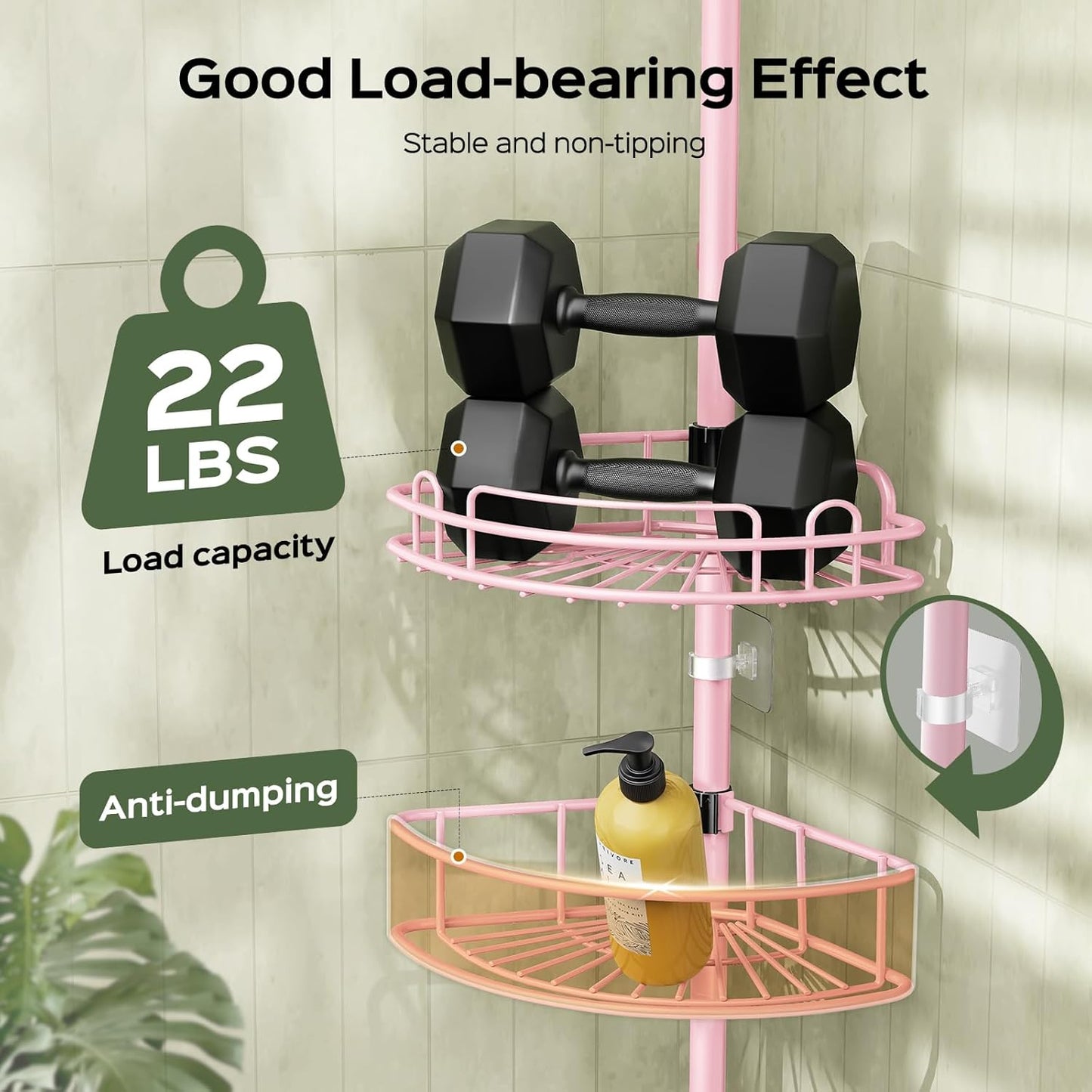 HAMITOR Corner Shower Caddy Tension Pole: 4-Tier Rust-Resistant Adjustable Bathroom Organizer Shelves - 47-121 Inch No-Drill Quick Installation - Space-Saving Storage for Renters Family - Pink