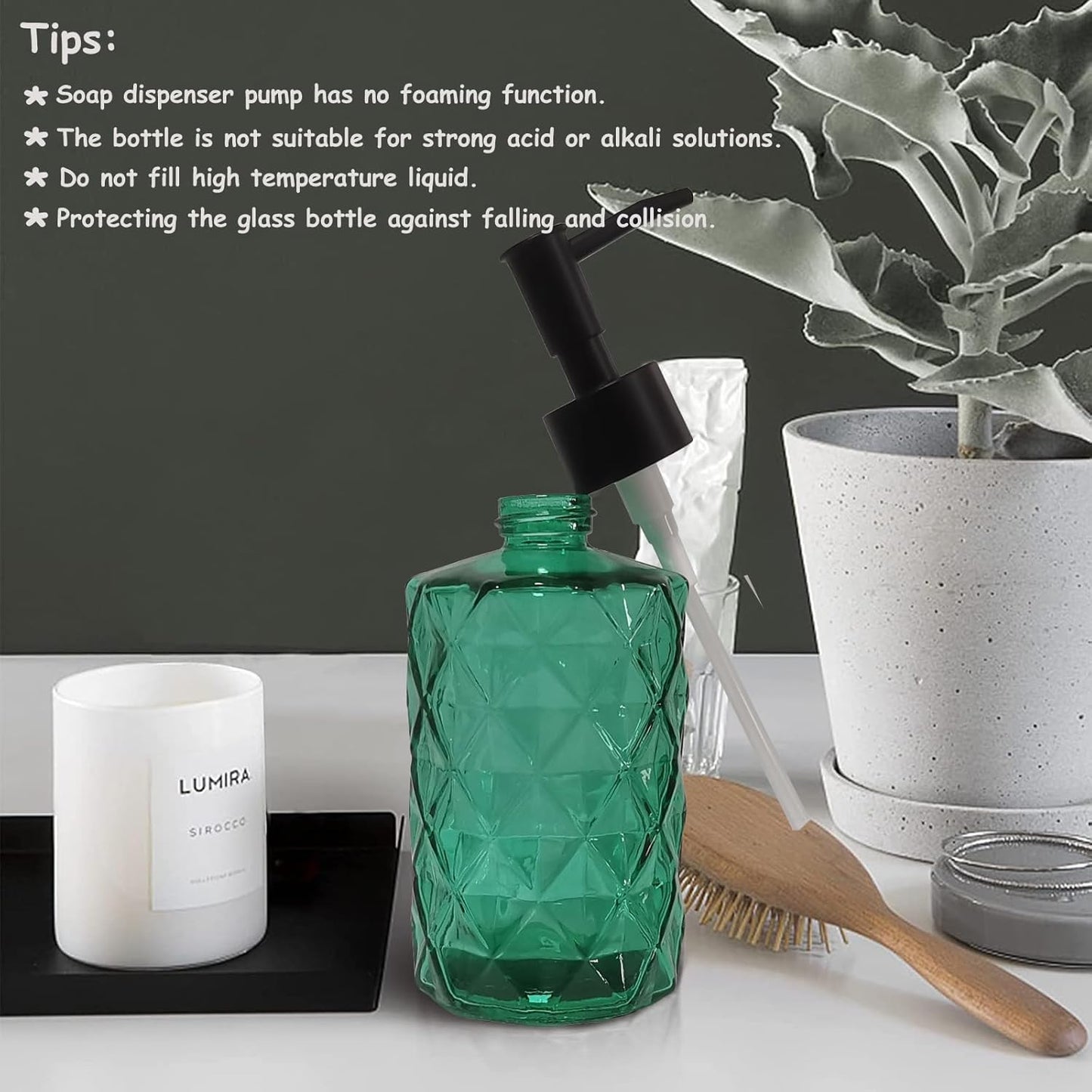 Green Bathroom Soap Dispenser Set with Black Plastic Pump, 12oz Glass Lotion Dispenser, Crystal Hand Soap Dispenser for Modern Home Decor, Kitchen Countertop, Hotel