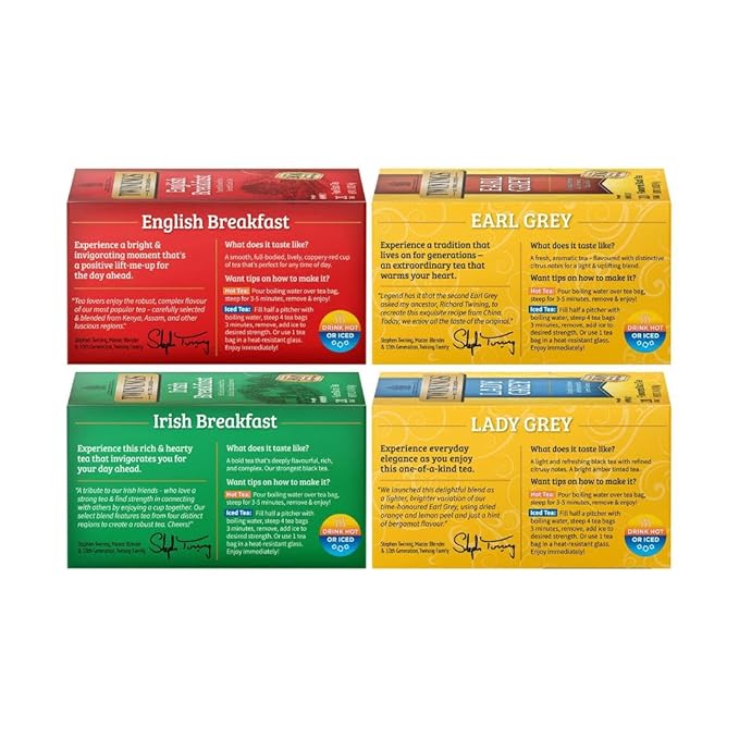Twinings Variety Pack Black Tea Bags, 20 Count (Pack of 4), Includes English Breakfast, Earl Grey, Irish Breakfast, and Lady Grey, Caffeinated, Enjoy Hot or Iced, 80 Teabags