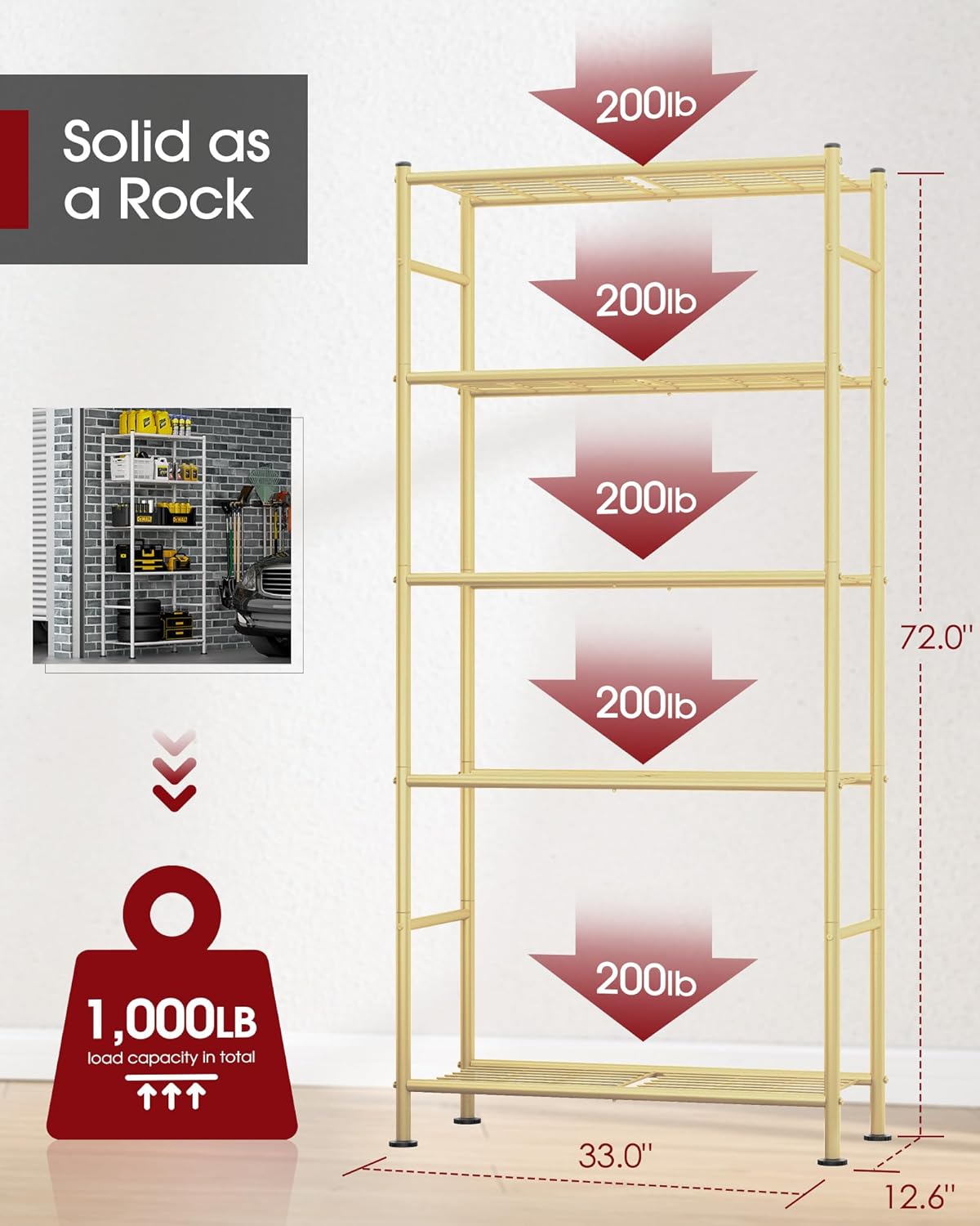 Storage Shelves - 5 Tier Shelf Organizer, Heavy Duty Garage Shelving Unit with Leveling Feet, Stable Metal Shelves Organizer for Pantry, Kitchen and Closet, 33.0" W x 12.6" D x 72.0" H, Gold