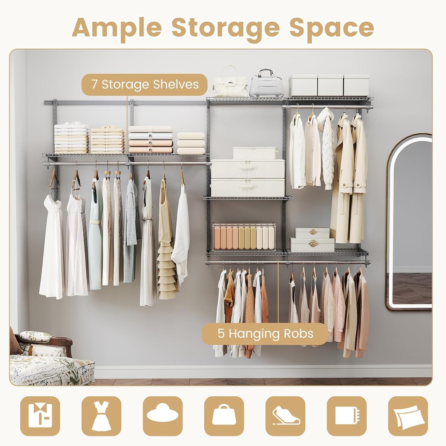 Giantex Closet Organizer System, 4-8 FT Wall-Mounted Closet Shelves and Rod, Adjustable Closet Organization w/ Hanging Rod, DIY Expandable Modular Metal Wire Shelving for Laundry Bedroom (Grey)