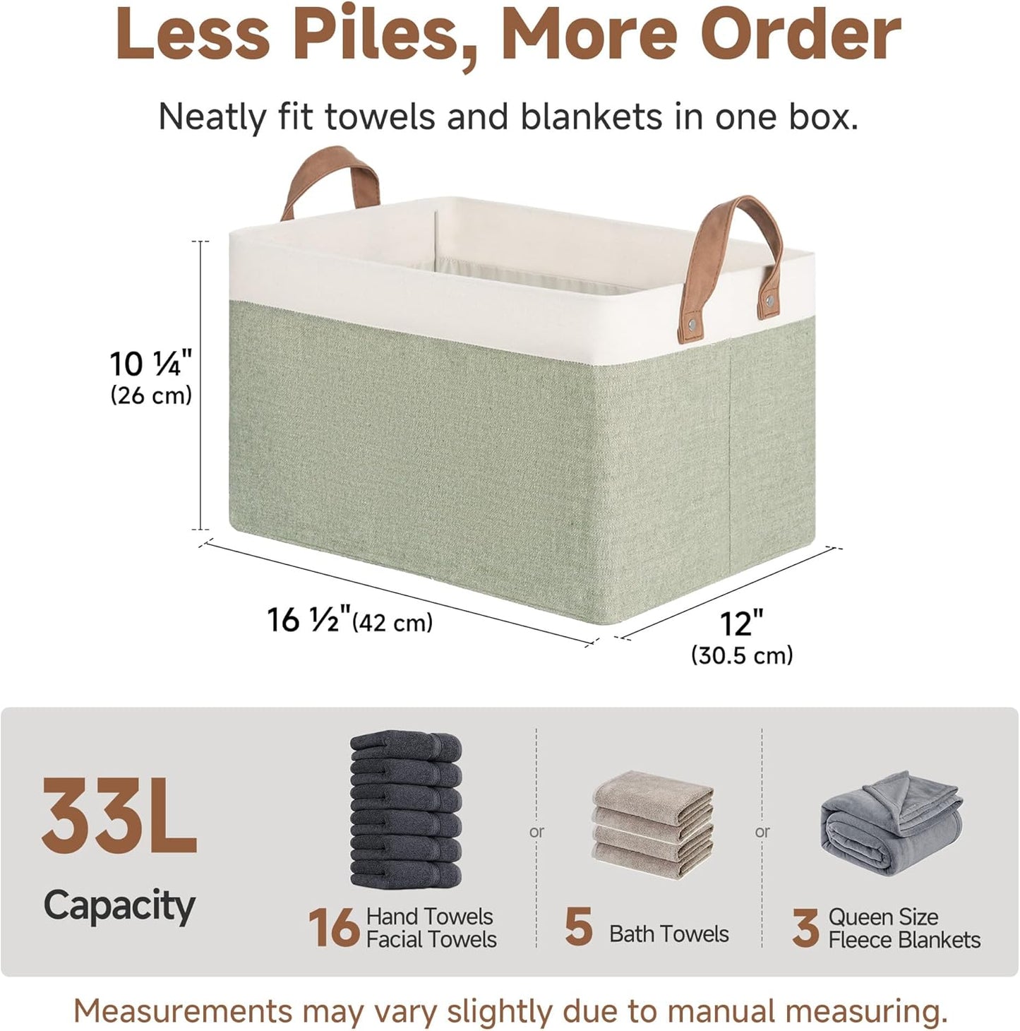 StorageWorks Storage Bins, Fabric Storage Bins for Shelves, Large Storage Baskets with Metal Frame, Closet Baskets and Bins with Handles, Green and White, 2-Pack