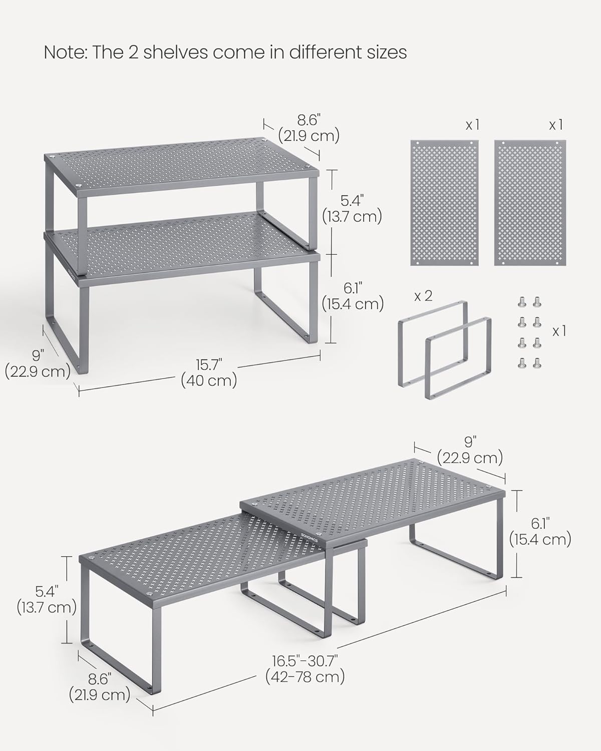 SONGMICS Spice Racks, Set of 2 Metal Cabinet Shelf Organizers, Countertop Organizers, Shelf Risers, Stackable, Expandable, Silver UKCS401G01