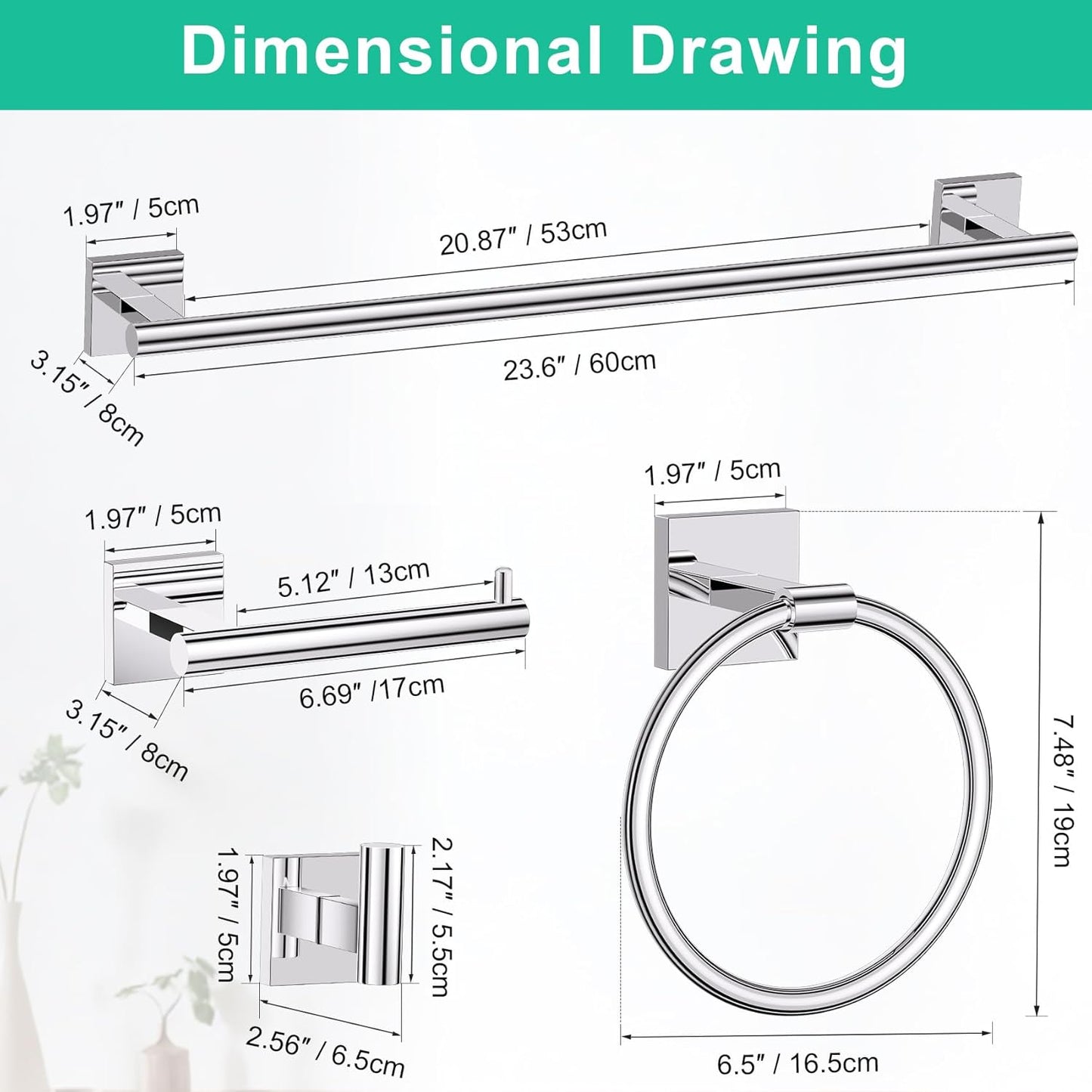 Polished Chrome Bathroom Hardware Accessories Towel Bar Set, 10 Pieces Bathroom Towel Bar Holder Set, 23.6 Inch Stainless Steel Toilet Paper Holder Towel Racks for Bathroom Wall Mounted