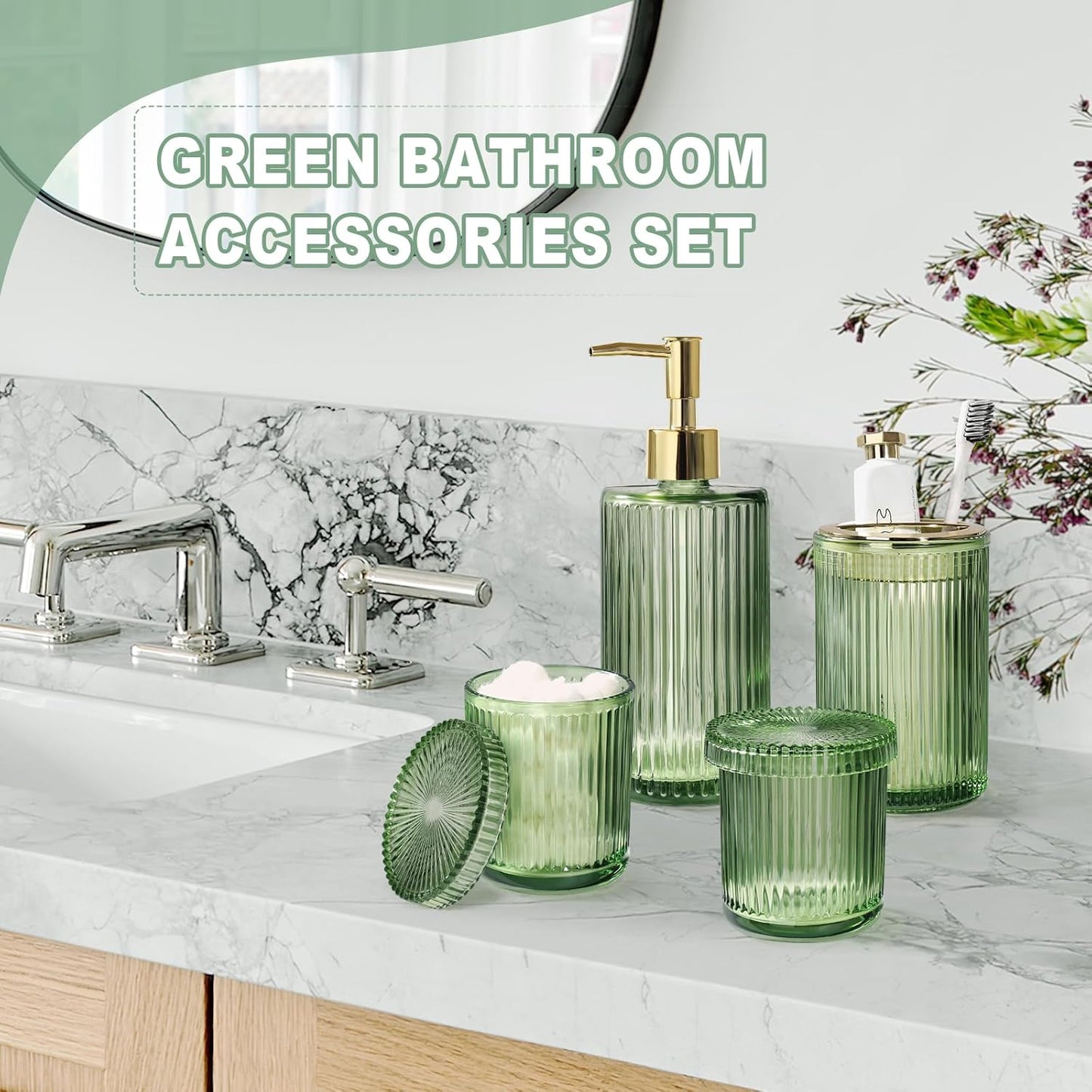 Green Glass Bathroom Accessories 4 Pcs, Green Bathroom Set, Soap Dispenser and Toothbrush Holder Set, Qtip Holder Set, Vintage Bathroom Sink Set, Cute Bathroom Decor