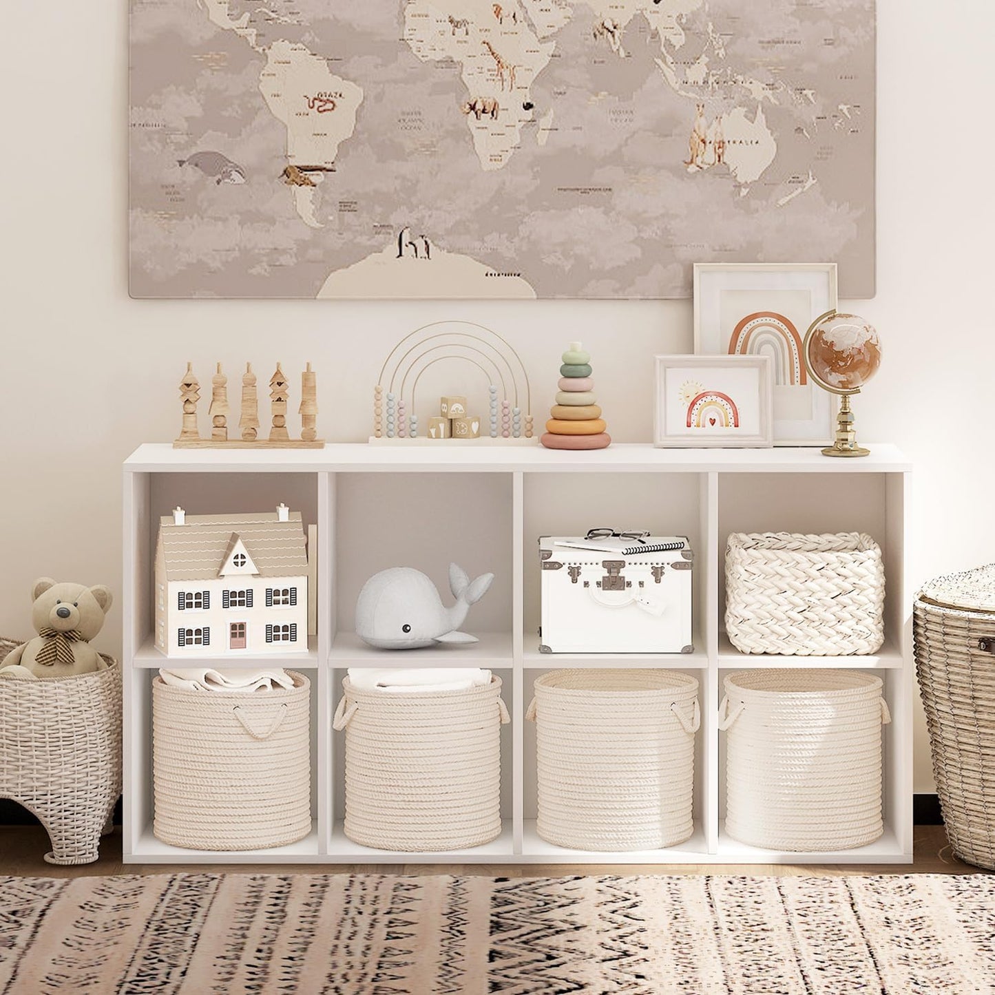 Wooden 8 Cube Storage Organizer with Closed Back Panel,White Cube Shelf Cubby Storage Organizer with Compartments for Living,Bookshelf,Storage Organizers Easy to Install (White, 8 Cube)