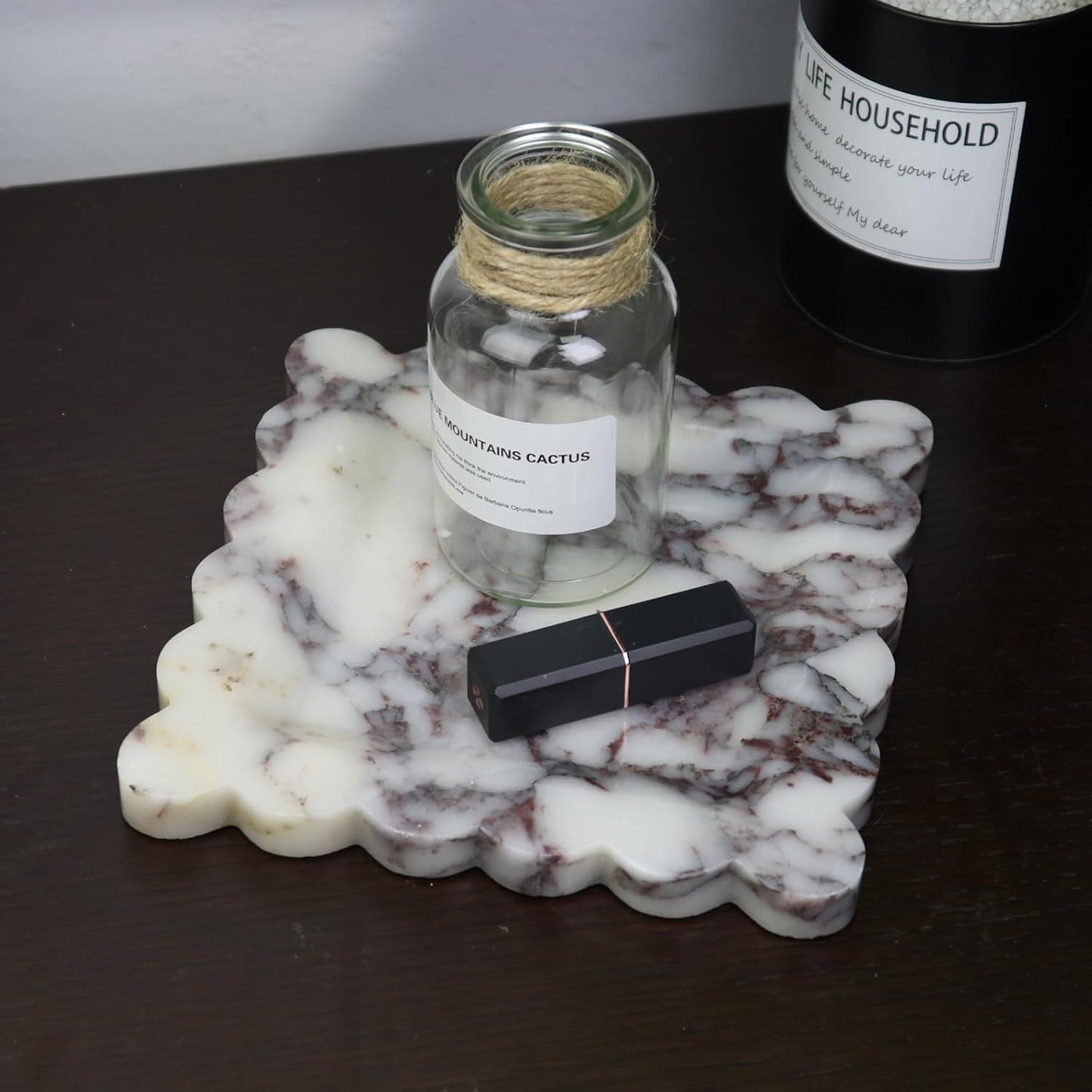 Square Marble Decorative Tray with Scalloped Edge, Luxury Natural Stone Bathroom Vanity Tray, Dresser Top Perfume Coffee Home Kitchen Sink Tray, Key Trinket Ring