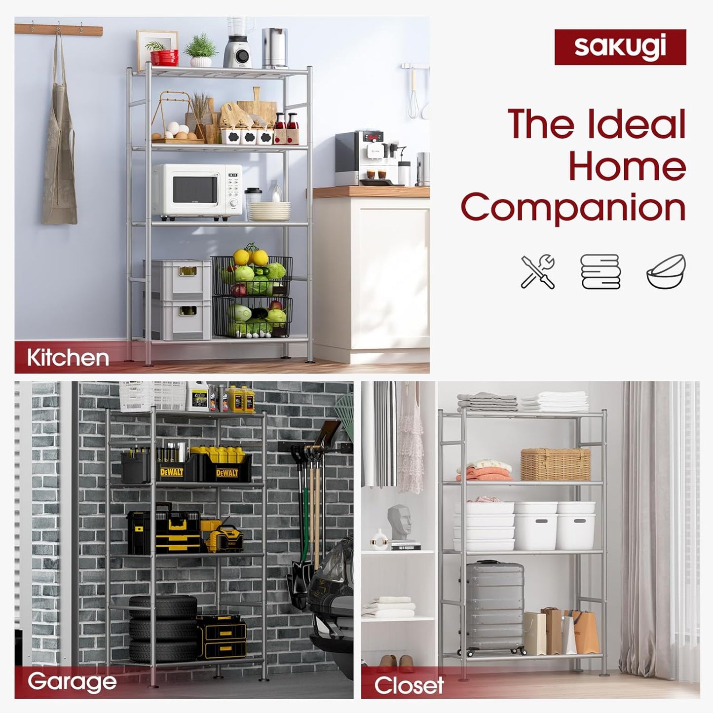 Storage Shelves - 4 Tier Shelf Organizer, Heavy Duty Garage Shelving Unit with Leveling Feet, Stable Metal Shelves Organizer for Pantry, Kitchen and Closet, 33.0" W x 12.6" D x 57.2" H, Silver