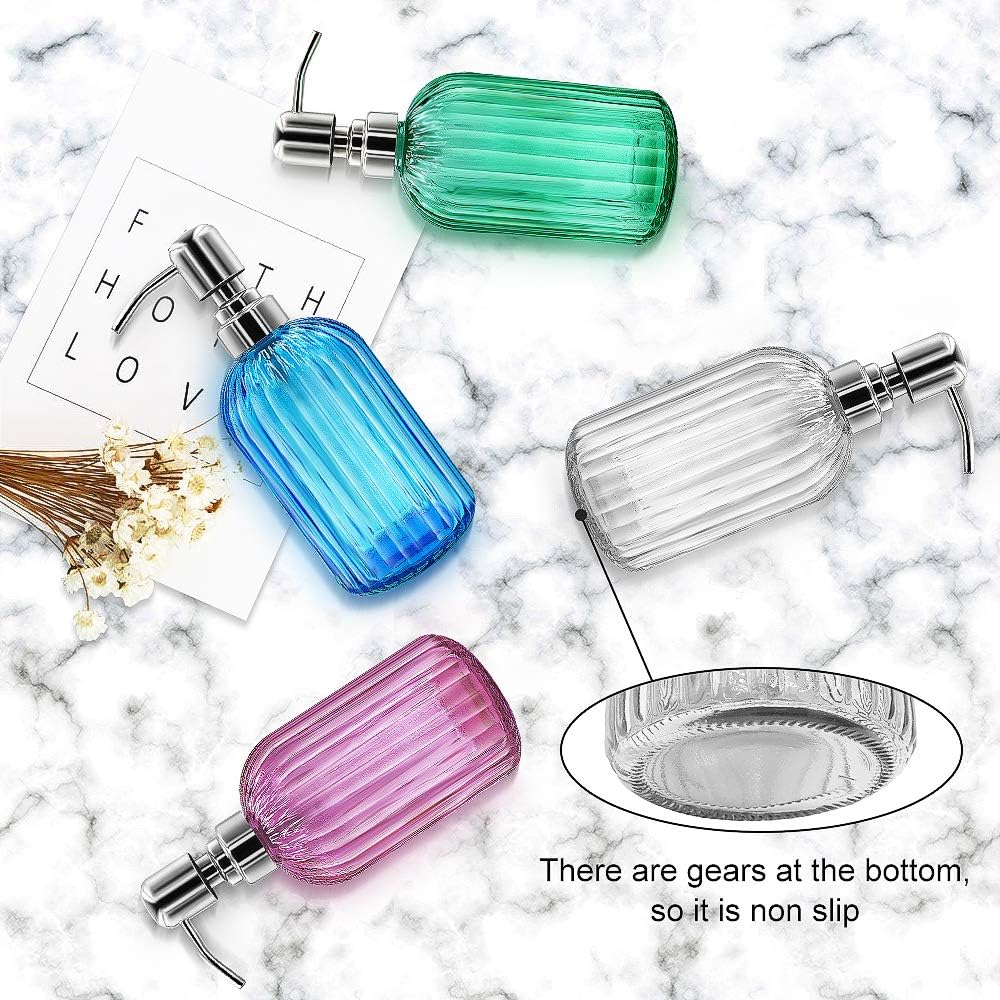 Soap Dispenser - 2 Pack 14 Oz Glass Soap Dispenser with Rust Proof Stainless Steel Pump, Refillable Liquid Bottle Dispenser, Premium Hand Jar Dispenser for Bathroom, Kitchen, Countertop (Green)