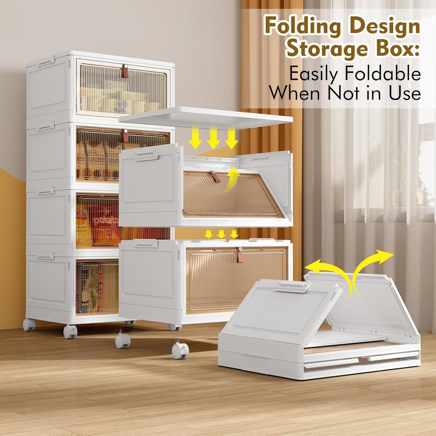 4-Tier Foldable Plastic Drawer Storage with Wheels,Stackable Storage Bins with Lid,Organization and Storage Boxes for Kitchen,Cloakroom,Closet,Living Room,Office and Dorm