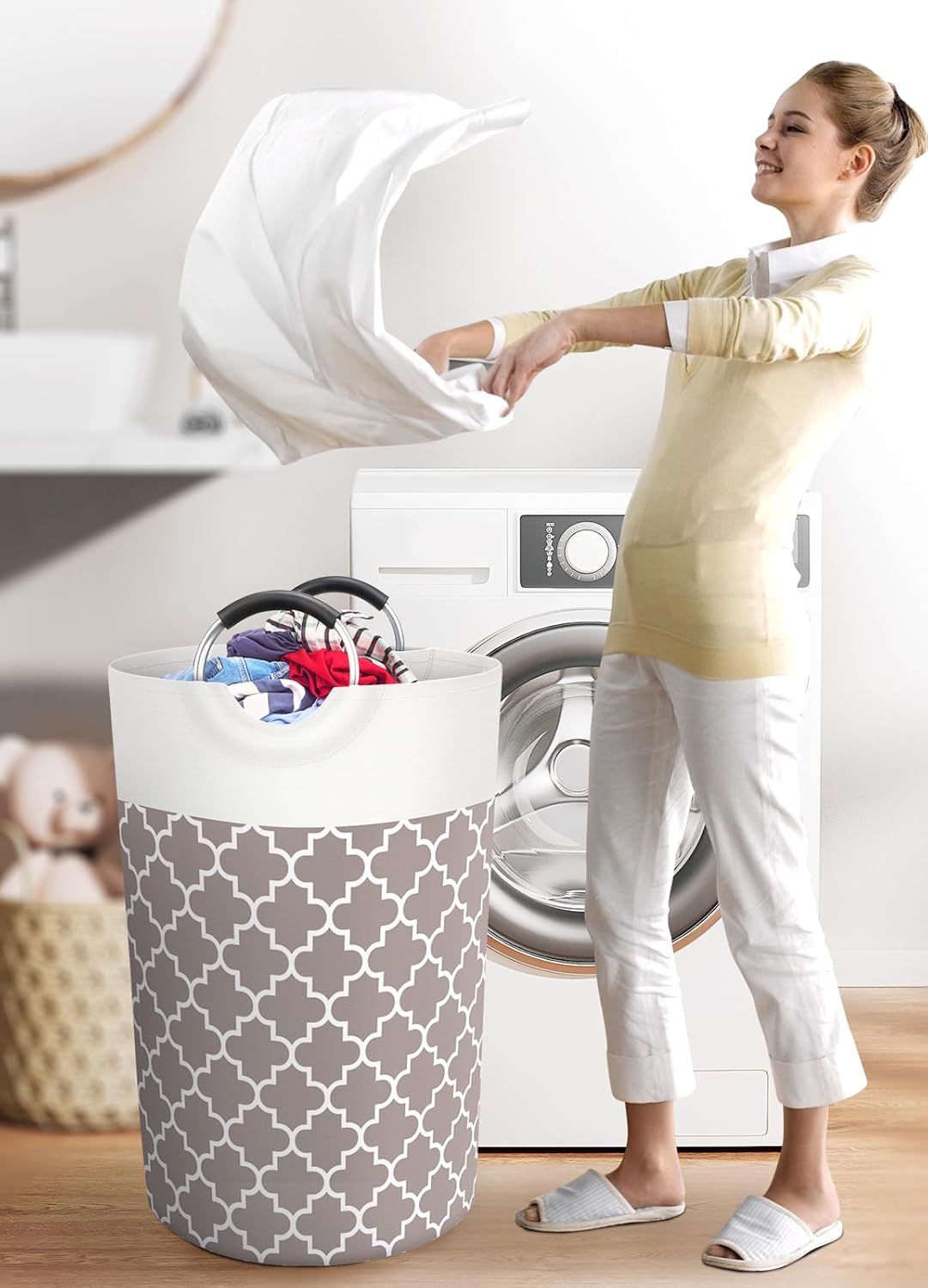 Large Laundry Basket Laundry Hamper Bag Washing Bin Clothes Bag Collapsible Tall With Handles Waterproof Travel Bathroom College Essentials Storage For College Dorm, Family (Khaki)115L