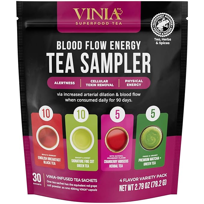 VINIA Tea Sampler, 4 Flavor Variety Pack. Made with Organic Teas, Infused with Piceid Resveratrol for Heart Health, Nitric Oxide, Physical Energy, Alertness, Blood Flow, Keto, Kosher, NON-GMO. 30 Ct