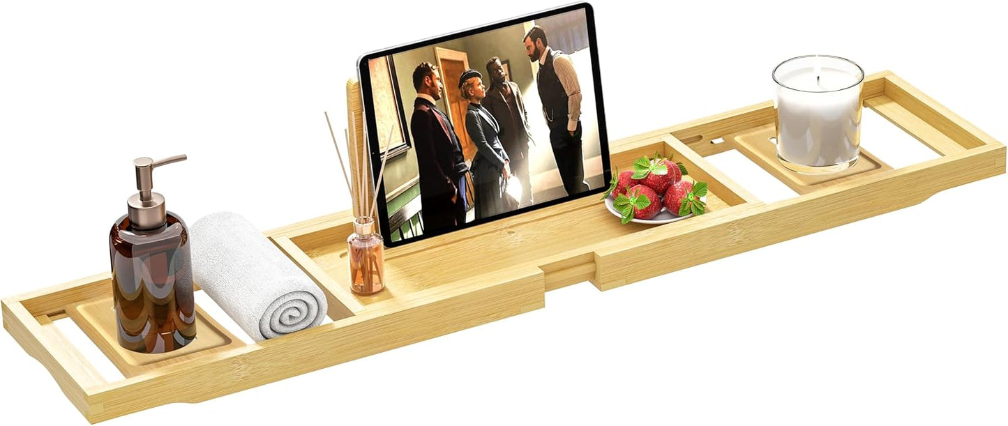 Premium Bathtub Tray - Expandable Bamboo Wooden Bath Trays for Bathub - Bath Tub Table Tray for Bathtub/Tub,Adjustable Size, Fits Most Tubs