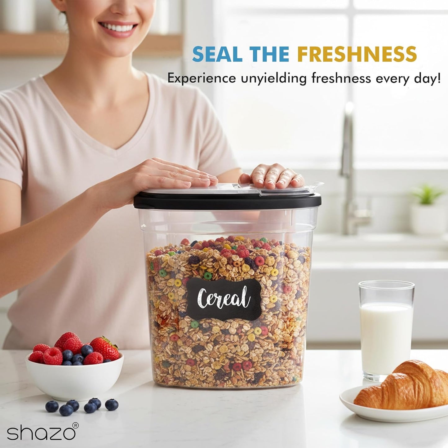 Shazo 3 PC Cereal Container Storage Set (5.2L, 2.8L, 1.2L) - Large Airtight Food Storage Containers with Flip-Top Lids, BPA-Free Plastic Cereal Dispenser for Pantry, Rice, Flour, Sugar & Pasta