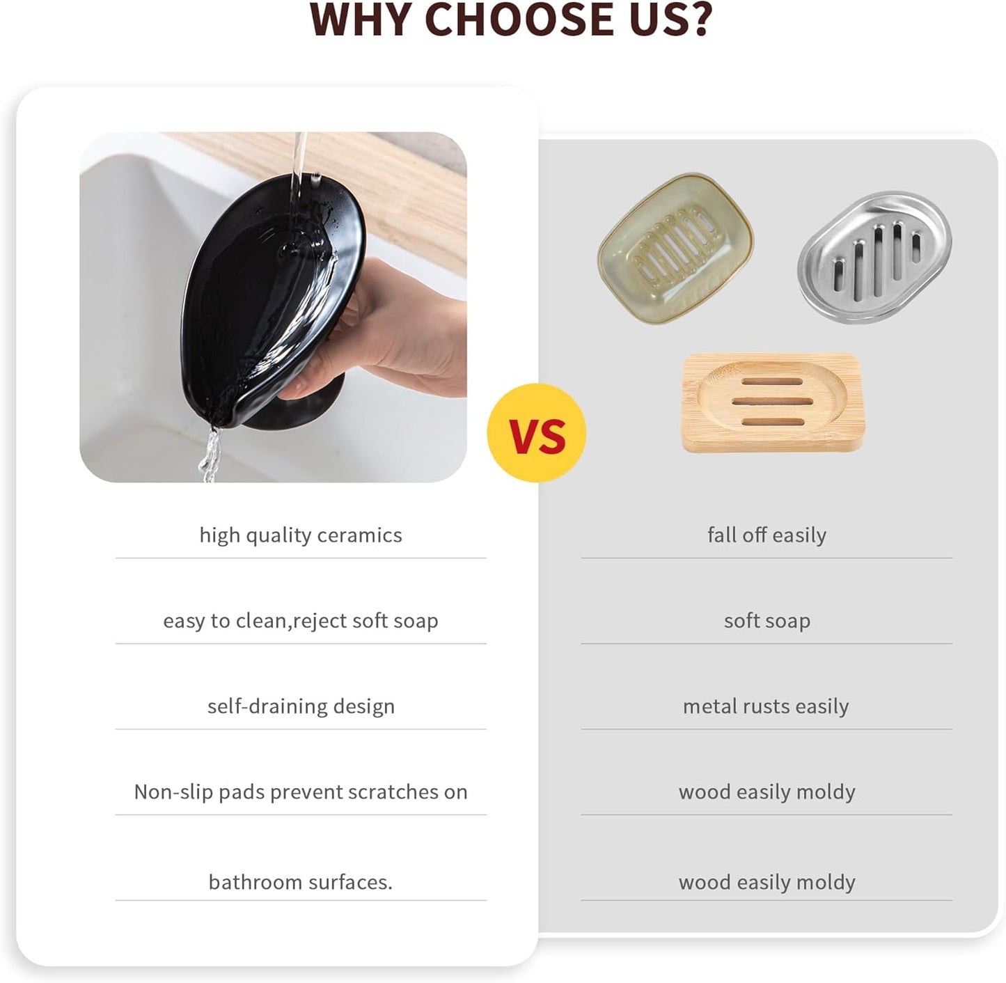 Self Draining Soap Dish,Shower Soap Holder,Black Ceramic Soap Dishes for Bathroom Kitchen Shower Keeps Soap Dry, Easy to Clean(Matte Black)