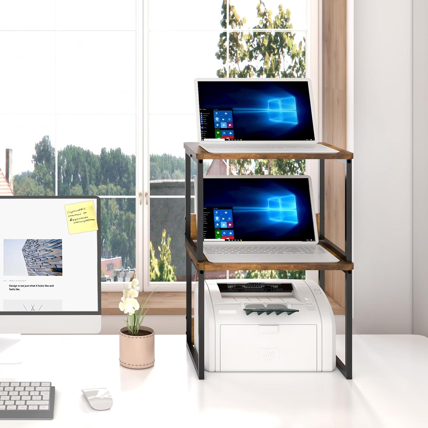 MARTY Desktop Printer Stand 2 Pack Printer Stand with Storage for Desk, Shelf Organzier for Home/Office Printer Riser Under Desk Small Table for Fax Machine Scanner(Rustic Brown)