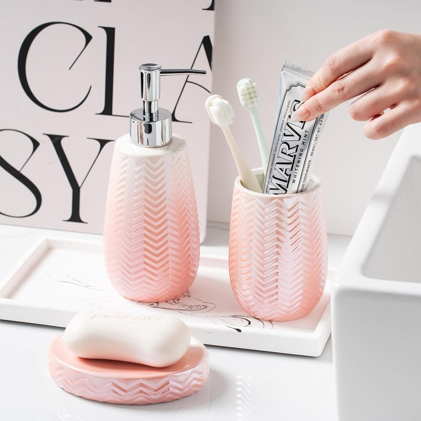 Bathroom Accessory Set, Pink Bathroom Decor, Pink Soap Dispenser, Soap Dish and Tumbler,Wavy Bathroom Accessories Set Complete.
