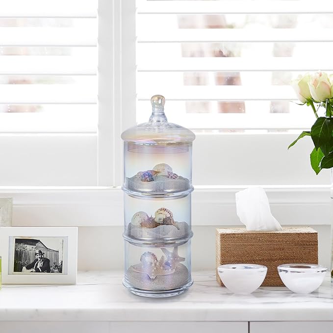 MyGift 16-Inch Modern 3-Tier Iridescent Rainbow Glass Apothecary Jars with Lids – Transparent Stacking Candy, Cookie, and Bathroom Storage Containers