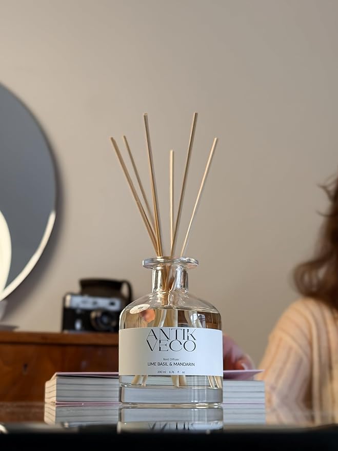 Lime Basil & Mandarin Reed Diffuser – Citrus & Herbal Diffuser for Home 6.7 fl oz – 8 Rattan Sticks – Premium Aromatherapy Oil – Elegant Glass Bottle – 90 Day Long Lasting Diffuser Set