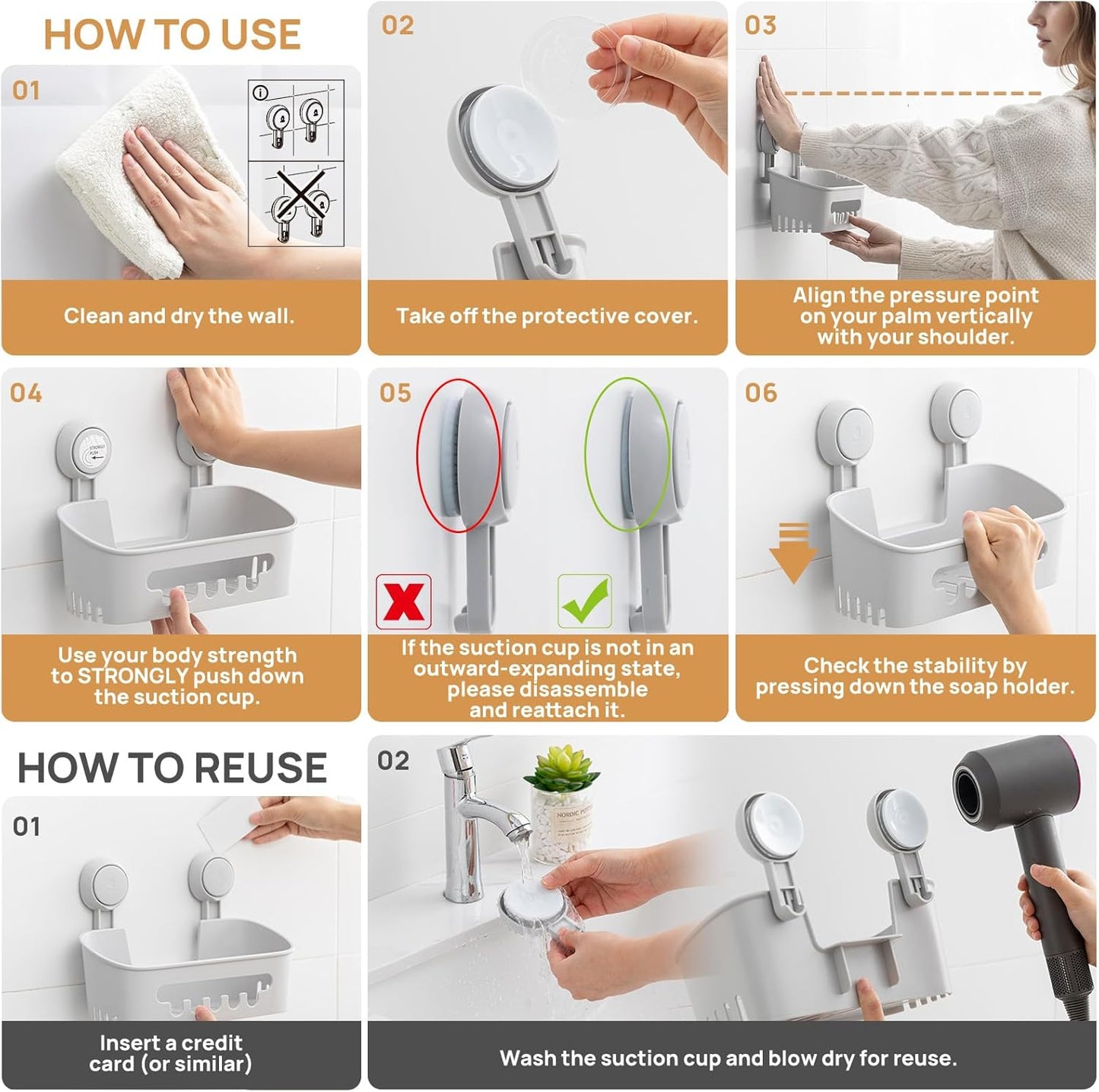 LEVERLOC Shower Caddy Suction Cup, Shower Organizer Removable Bathroom Shelf, Storage Suction Powerful Max Hold 22lbs Bathroom Caddy Waterproof Holder, Gray