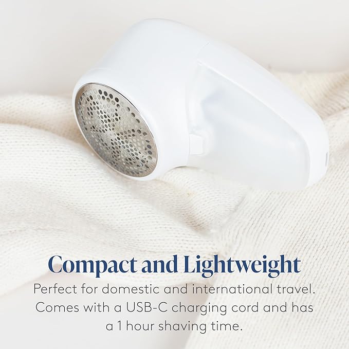 Nori Trim Fabric Shaver - Lint Remover for Clothes & Furniture Couch Pilling - Sweater Pill Remover - Clothes Shaver with 6 Precision Blades - Wireless and Rechargeable - White