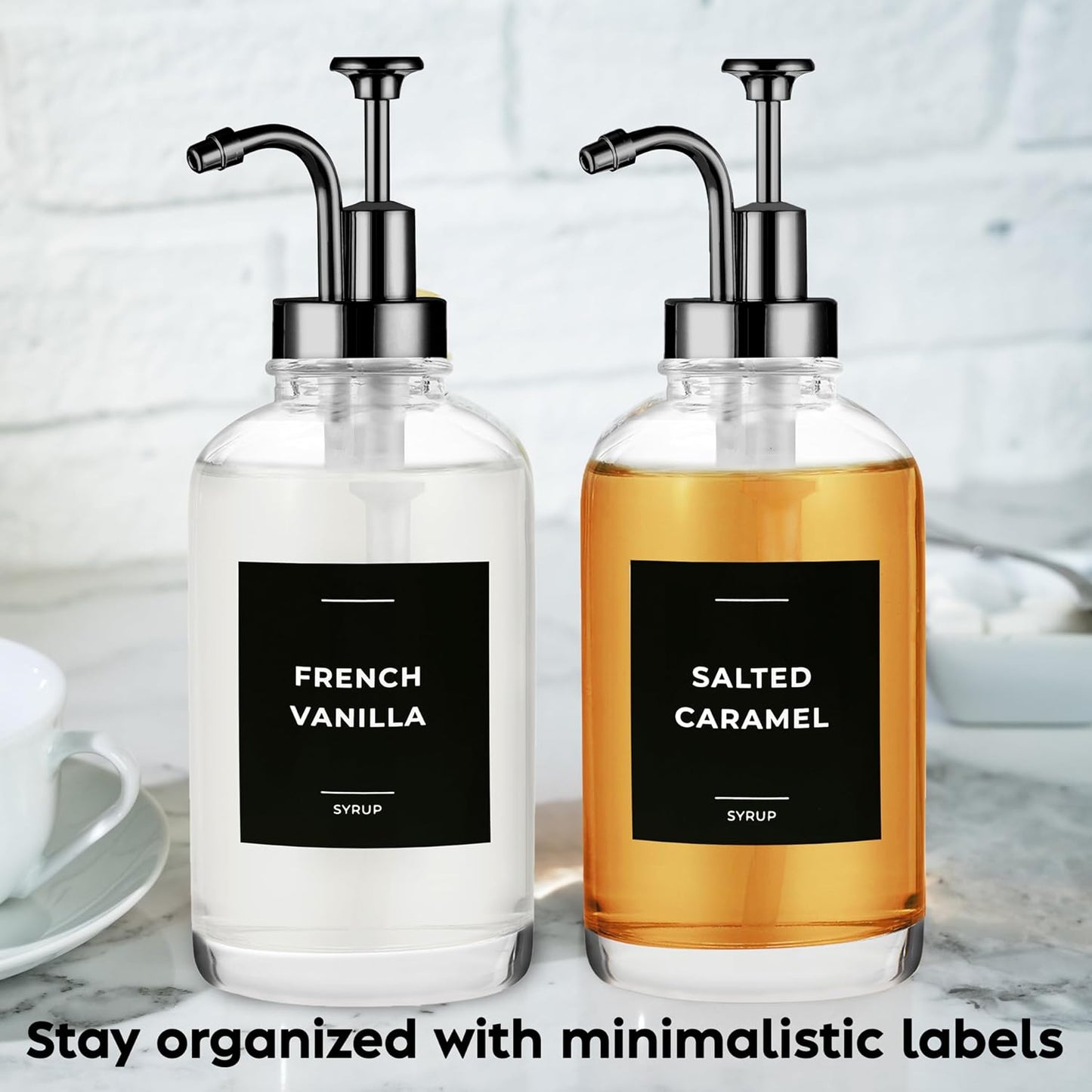 Coffee Syrup Dispenser with Pump - Includes 24 Flavor Labels - Glass Syrup Dispenser for Coffee Bar - Elevate your Beverage Station with 16.9 fl oz Flavoring Container Bottles, 4pcs, Black