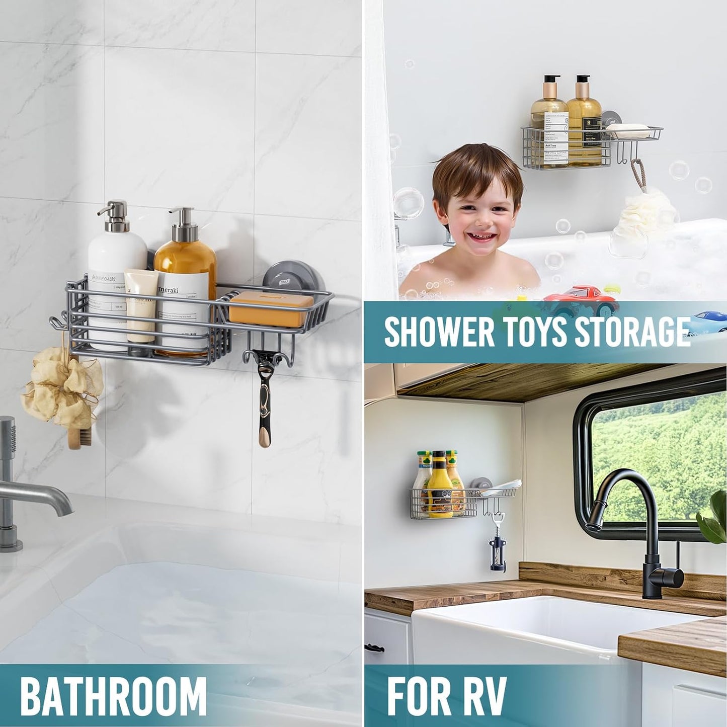 TAILI Shower Caddy Suction Cup with Hooks & Soap holder, Heavy Duty Bathroom Shower Organizer, No Drilling Shower Shelves for Inside bathroom, Metal Storage Basket-Grey