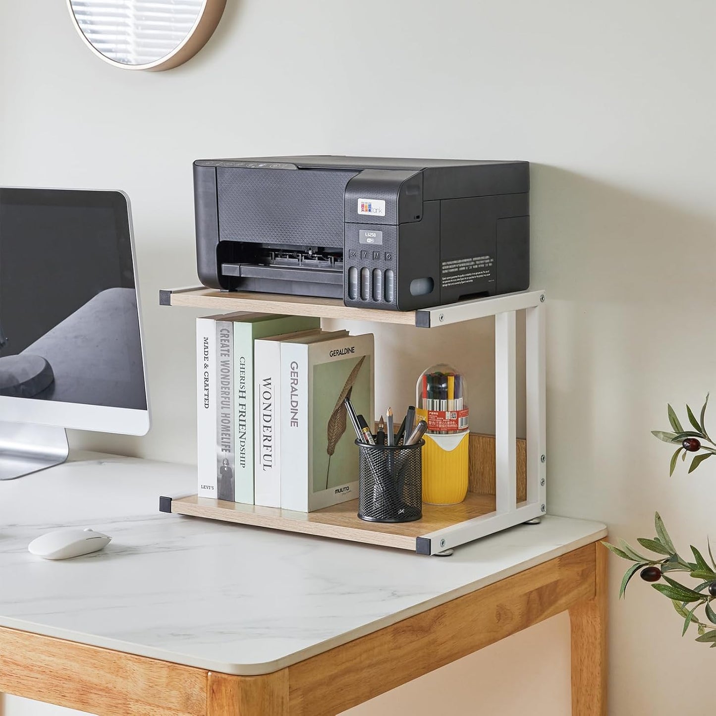 IBUYKE Under Desk Printer Stand, 2-Tier, Mobile Home Desktop Organizer Shelf with 4 Wheels, for Printer, Fax, Home Office Use, Light Wood UTLJ007R