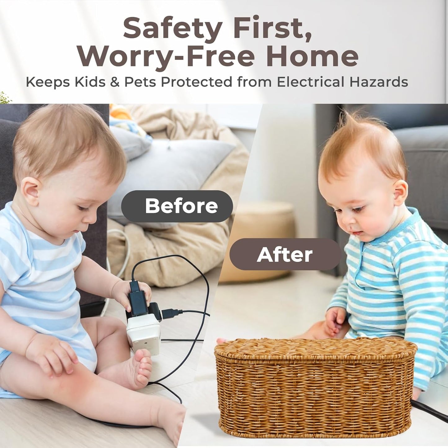 Cable Management Box, Handmade Rattan Cable Organizer, 2 Open Slots Cords Hider Box, Under Desk Cord Organizer for Computer Router USB Hub & Power Strip, Patent Pending, 15.9" x 6.5" x 6.5", Natural