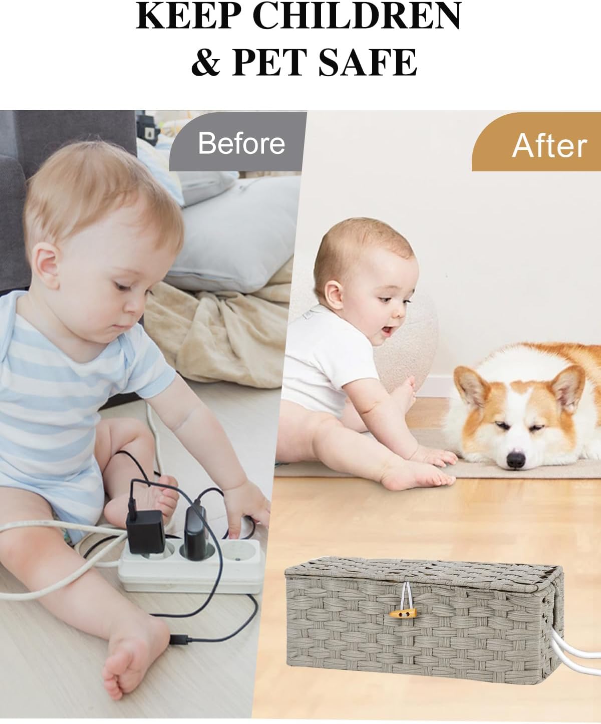 Temary Cable Management Box with Lids, 2-Pack Handmade Cable Organizer Boxes for Home, Office to Hide Cords and Power Strip, Cord Cover Floor Hider Set Woven Rattan Cable Organizer Box (Grey)