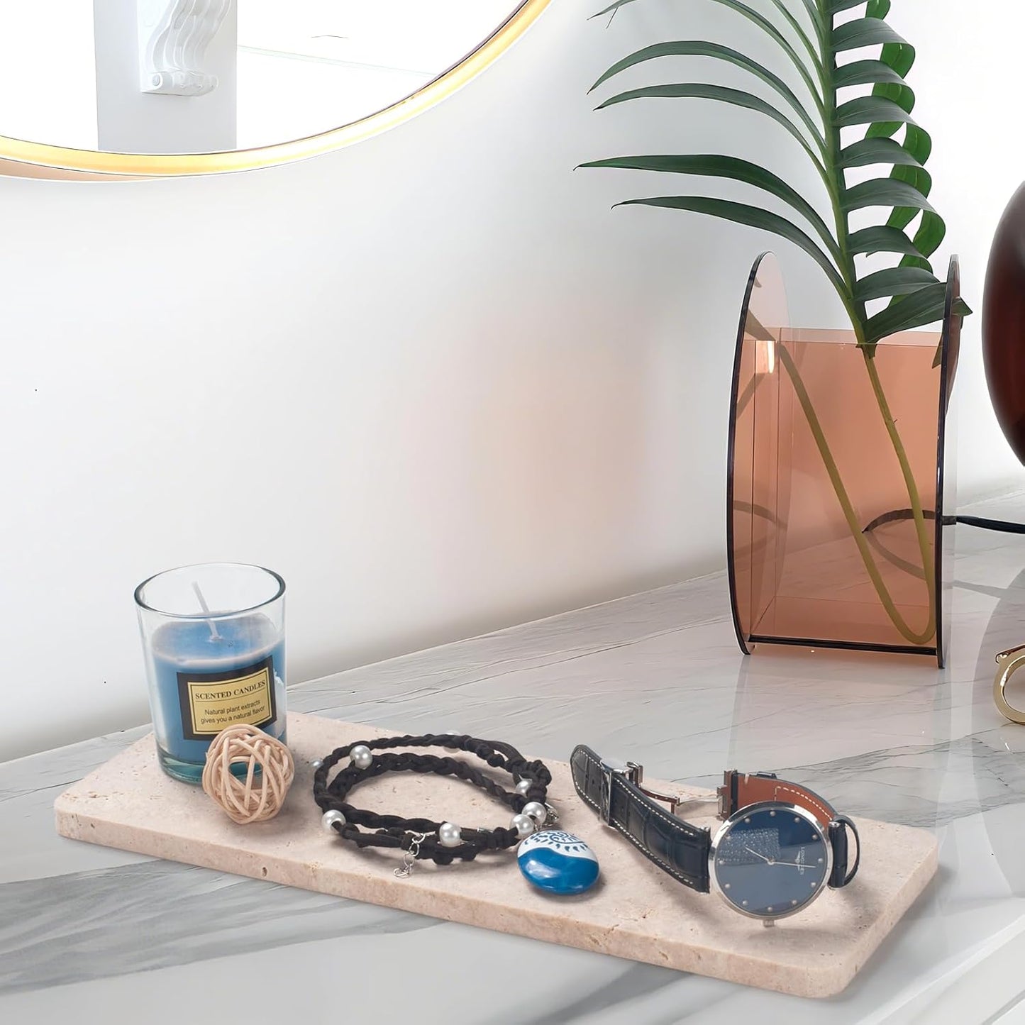 Edgeless Travertine Bathroom Vanity Tray, Decorative Rectangular Marble Tray for Countertop, Dresser, Jewelry, Perfume, Candle, Soap 11inch x 3.9inch x 0.4inch